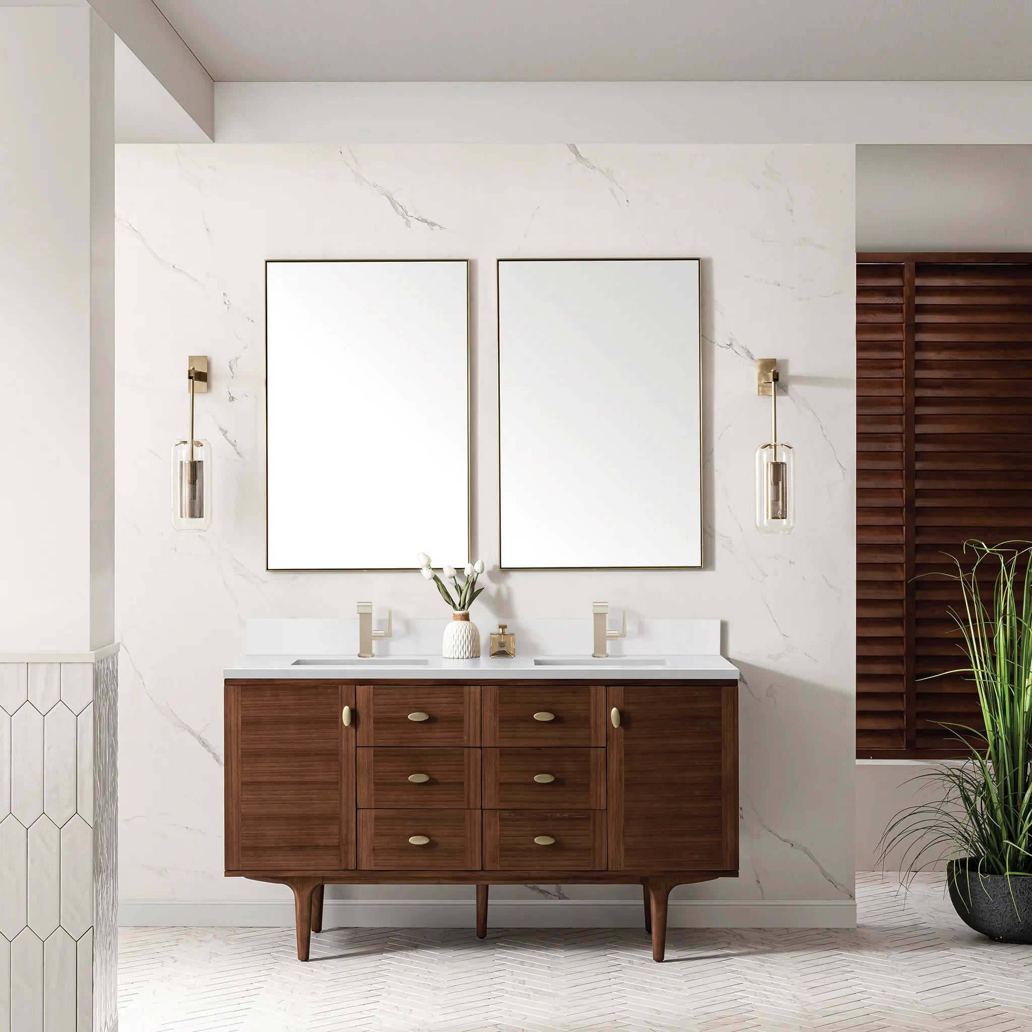 60" Amberly Double Vanity in Mid-Century Walnut-White Zeus Silestone & Backsplash-Single Hole image 3