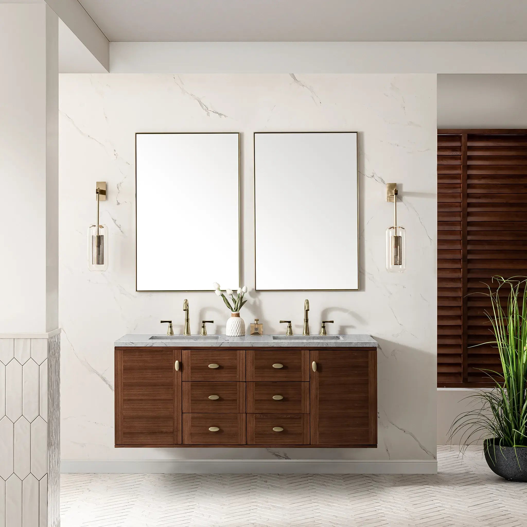60" Amberly Double Vanity in Mid-Century Walnut Wireless Charger-Eternal Jasmine Pearl Silestone-8" Widespread image 6