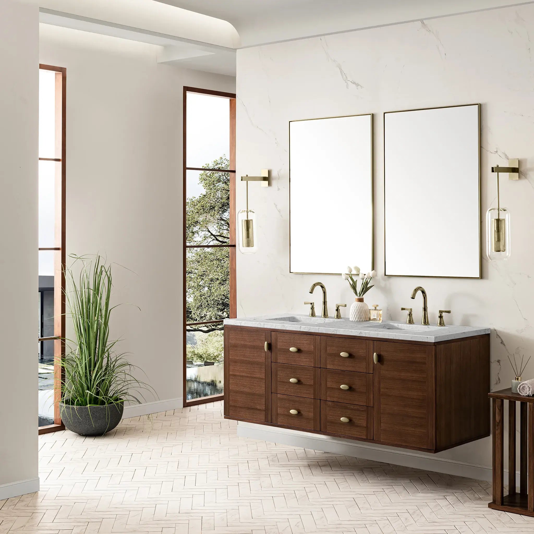 60" Amberly Double Vanity in Mid-Century Walnut Wireless Charger-Eternal Jasmine Pearl Silestone-8" Widespread image 8
