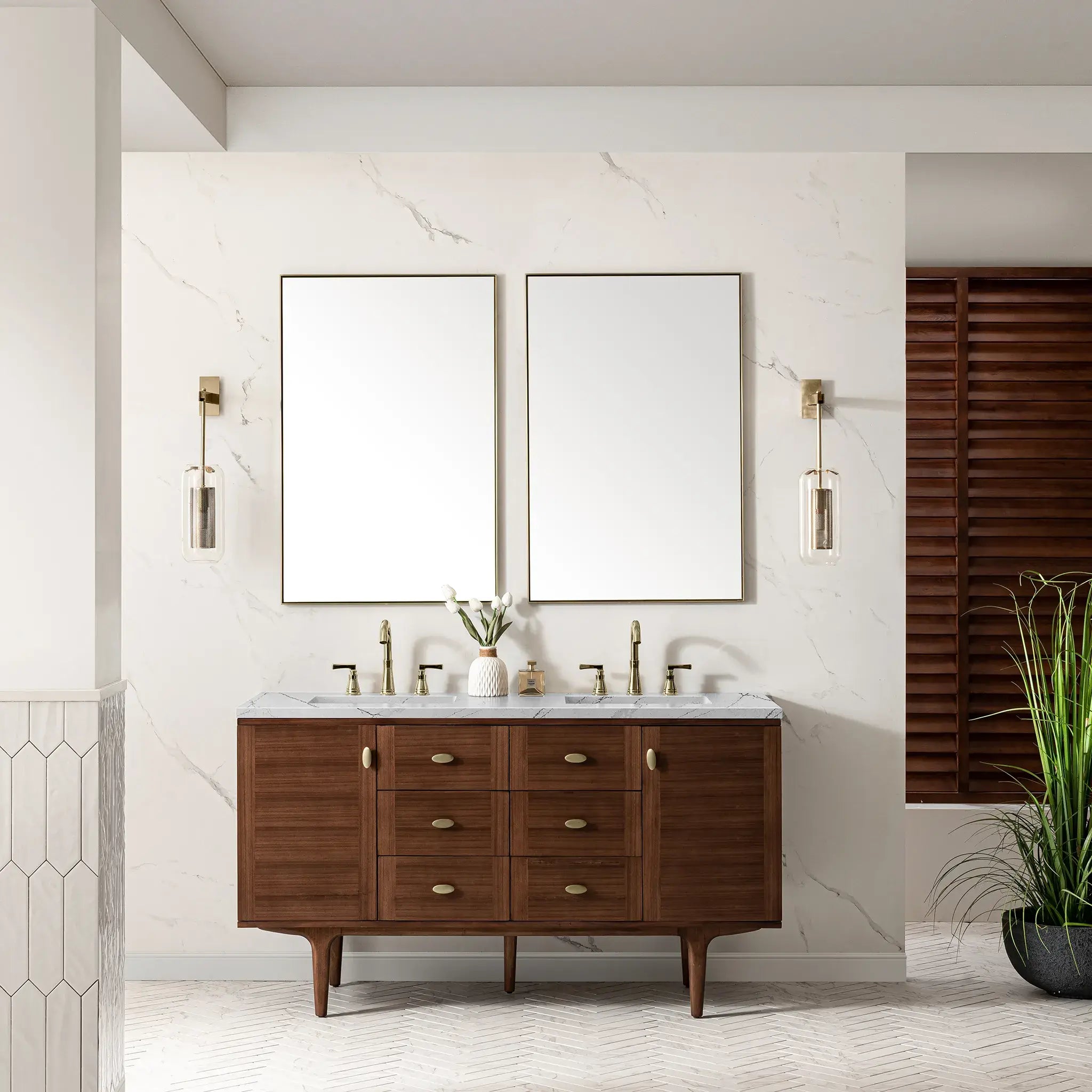 60" Amberly Double Vanity in Mid-Century Walnut Wireless Charger-Ethereal Noctis Silestone-8" Widespread image 5
