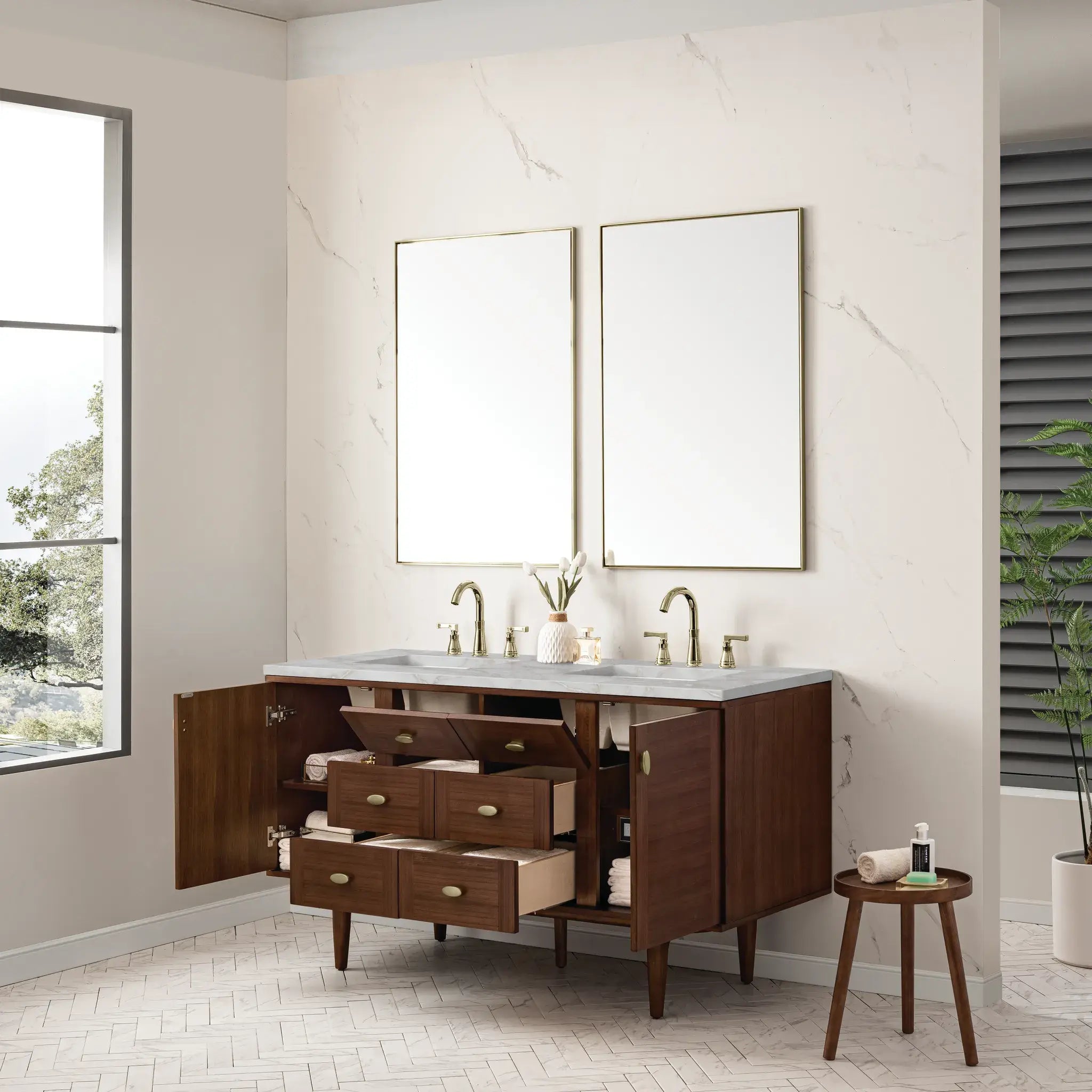 60" Amberly Double Vanity in Mid-Century Walnut Wireless Charger-Victorian Silver Silestone-8" Widespread image 9