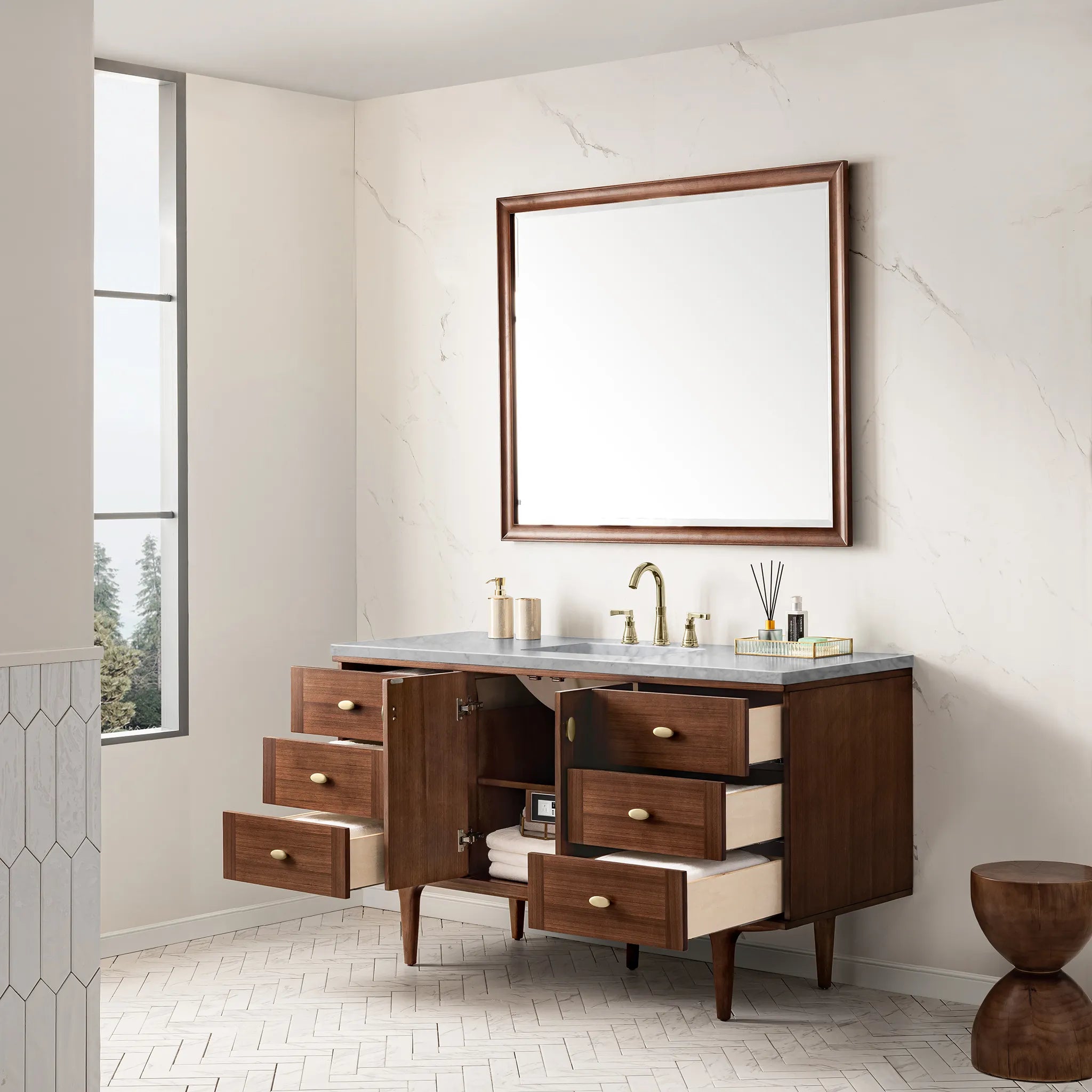 60" Amberly Single Vanity in Mid-Century Walnut-Carrara White Marble-8" Widespread image 6