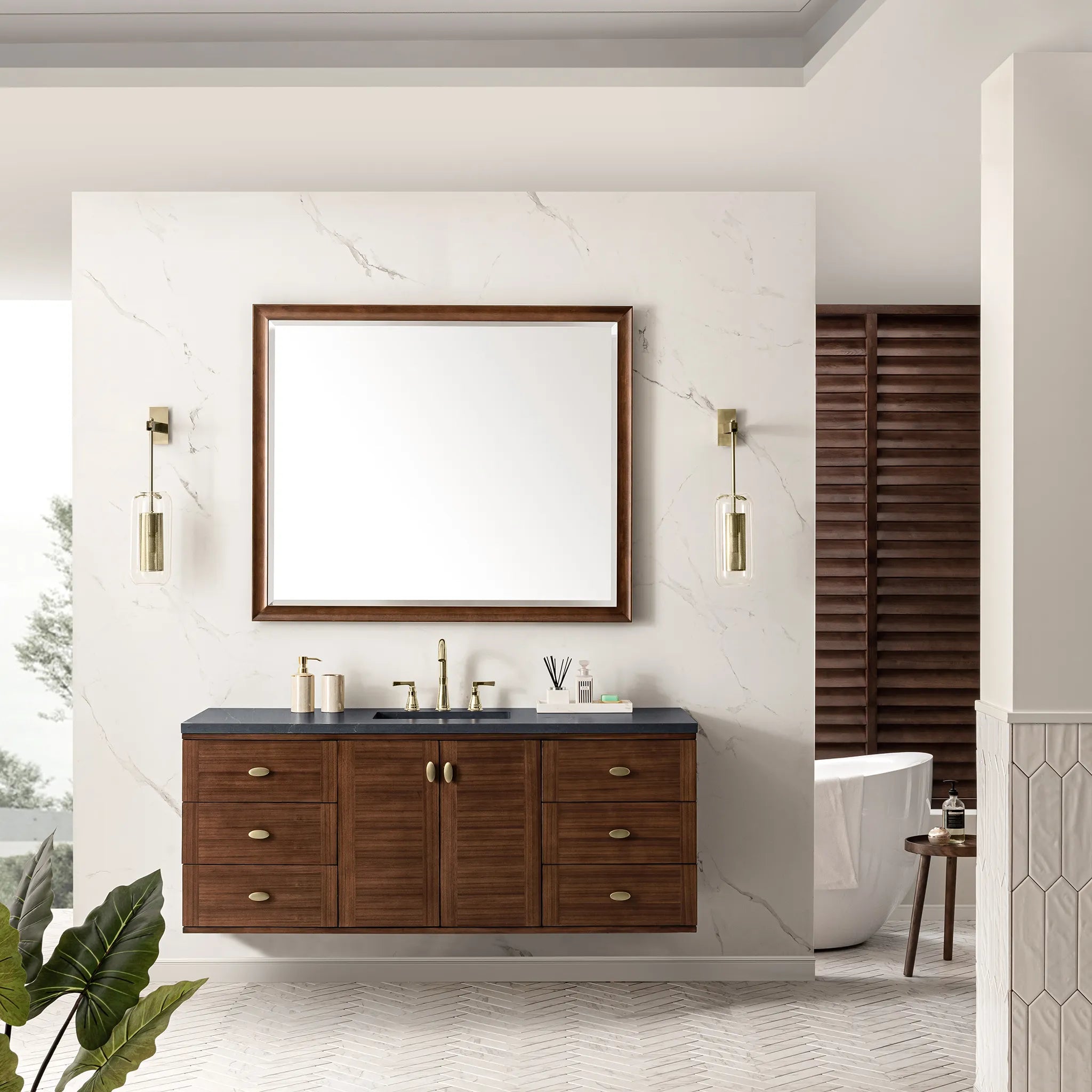 60" Amberly Single Vanity in Mid-Century Walnut-Charcoal Soapstone Silestone-8" Widespread image 3
