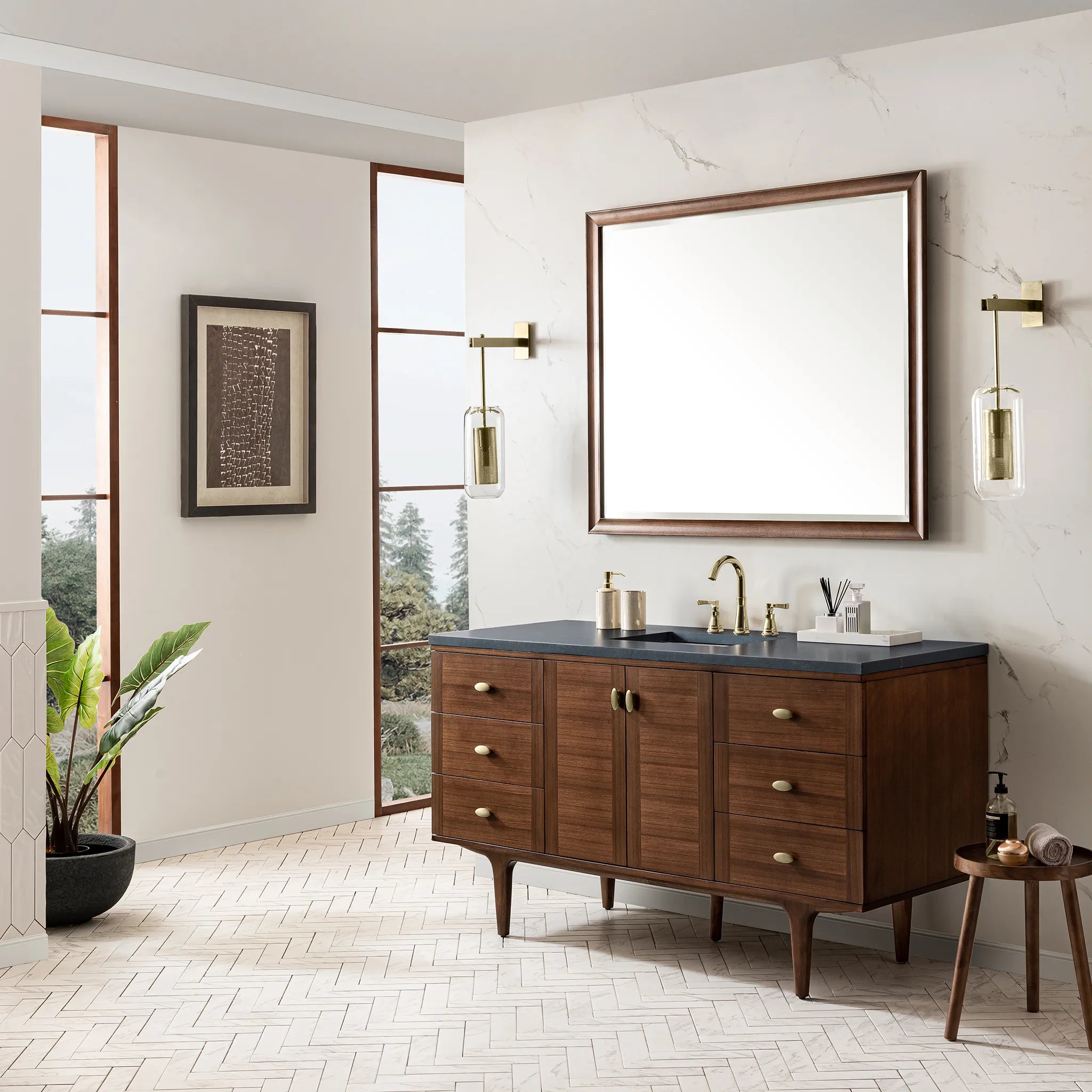60" Amberly Single Vanity in Mid-Century Walnut-Charcoal Soapstone Silestone-8" Widespread image 6