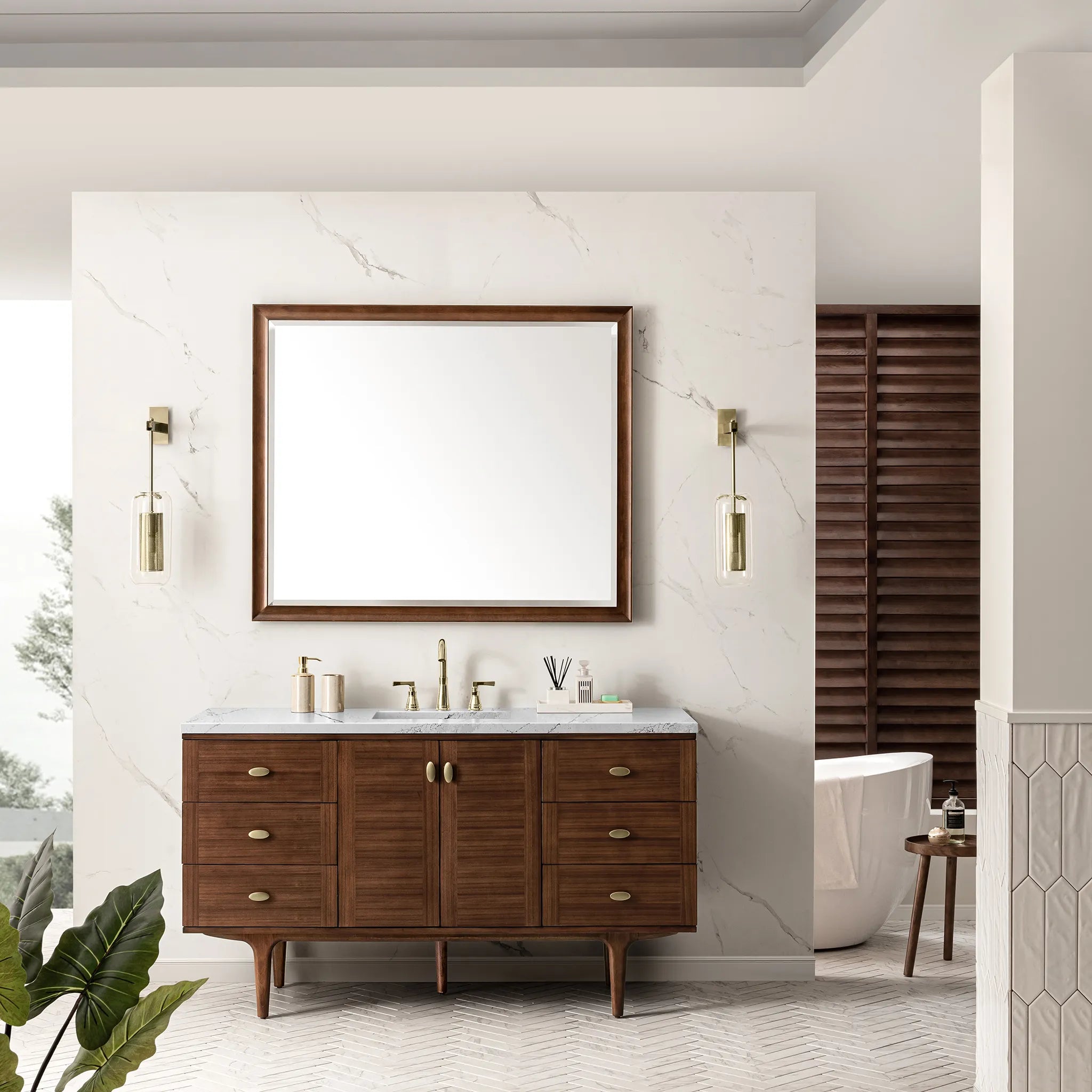 60" Amberly Single Vanity in Mid-Century Walnut-Ethereal Noctis Silestone-8" Widespread image 2
