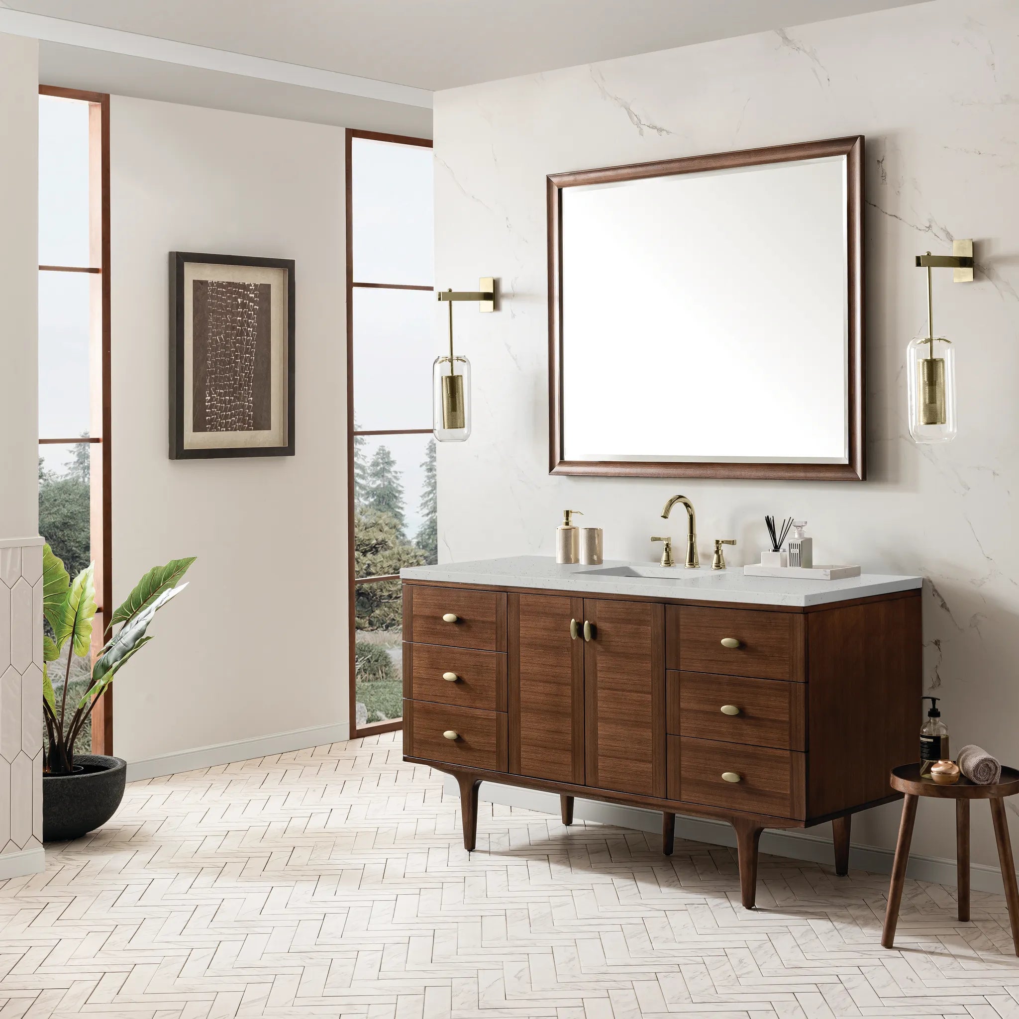 60" Amberly Single Vanity in Mid-Century Walnut-Lime Delight Silestone-8" Widespread image 4