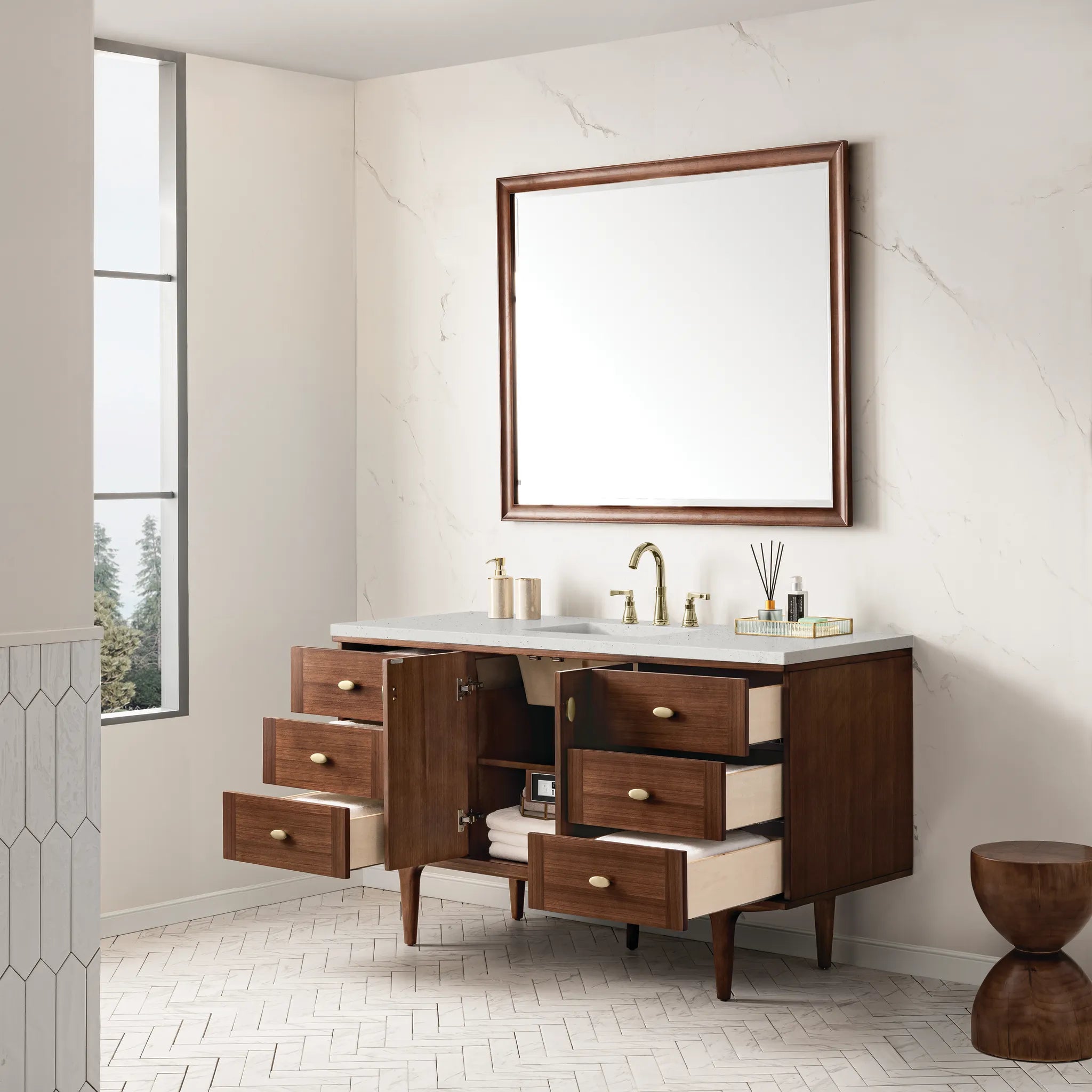 60" Amberly Single Vanity in Mid-Century Walnut-Lime Delight Silestone-8" Widespread image 6