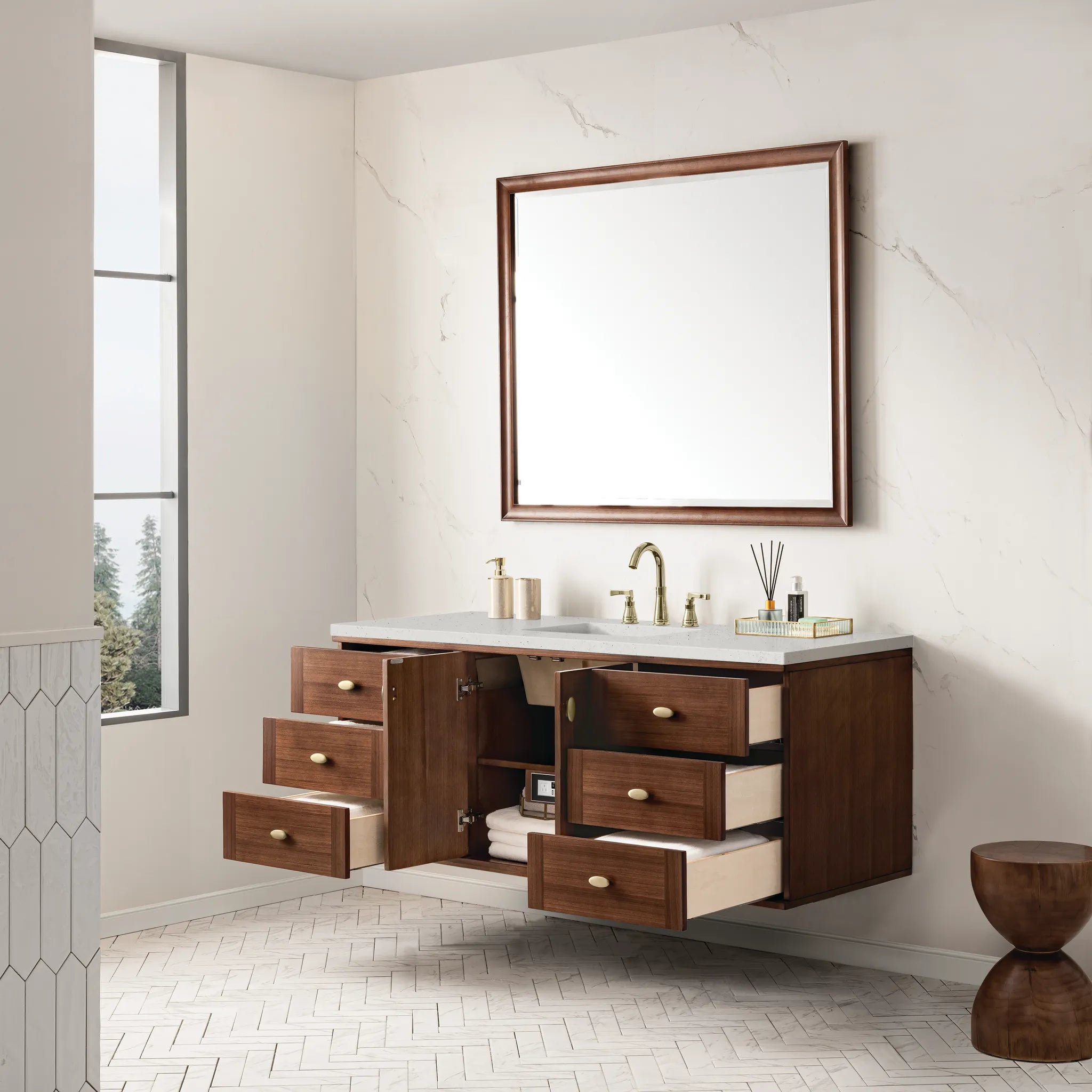 60" Amberly Single Vanity in Mid-Century Walnut-Lime Delight Silestone-8" Widespread image 7