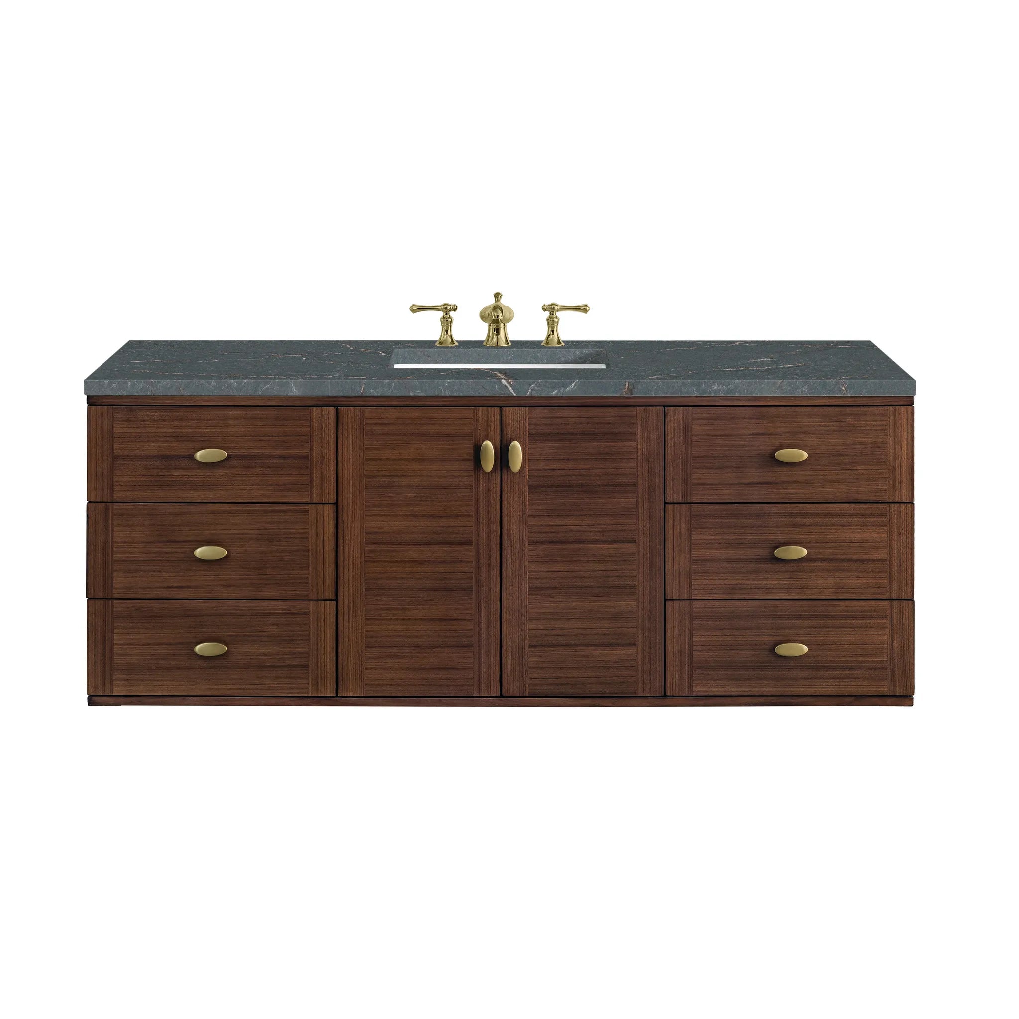 60" Amberly Single Vanity in Mid-Century Walnut-Parisien Bleu Silestone-8" Widespread image 1