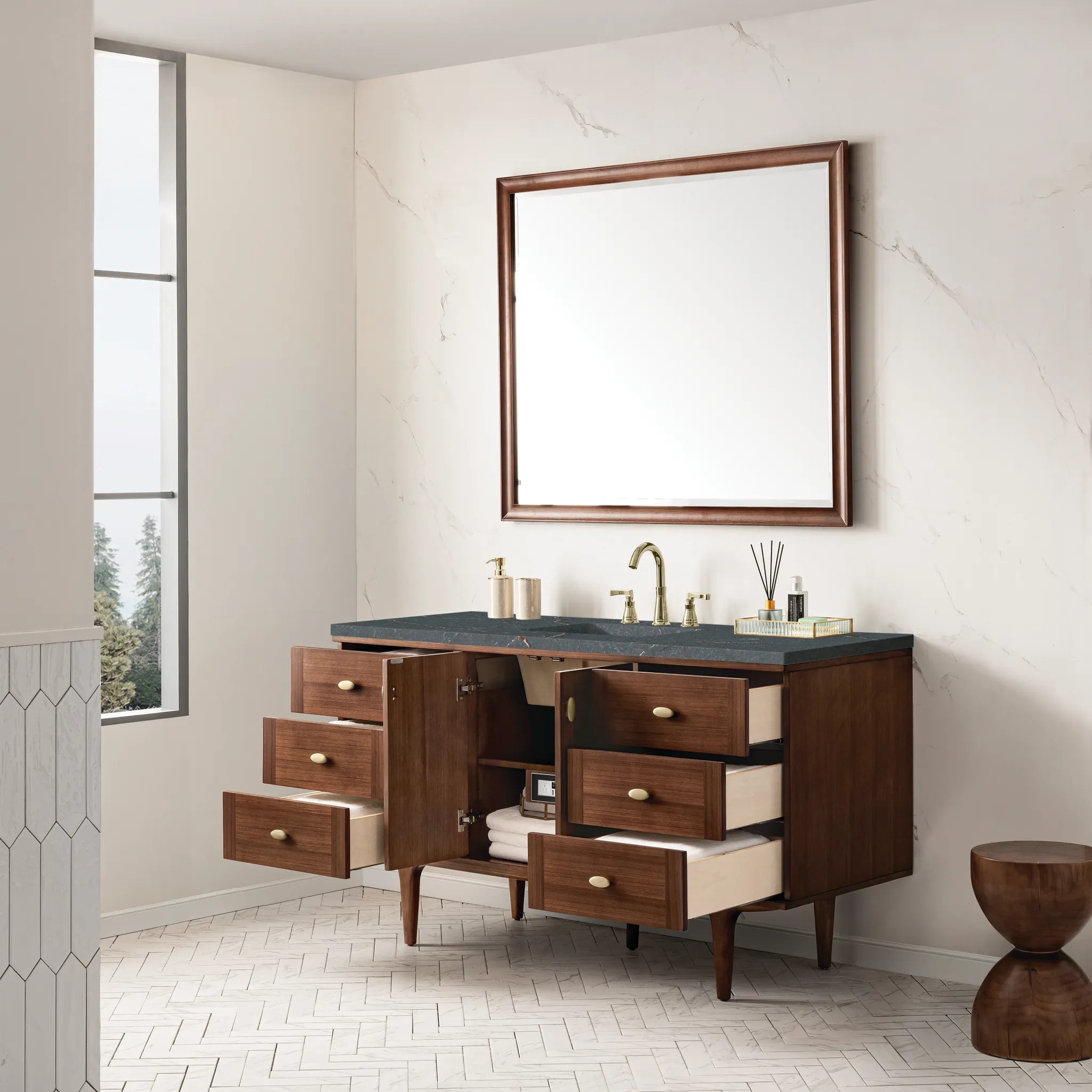 60" Amberly Single Vanity in Mid-Century Walnut-Parisien Bleu Silestone-8" Widespread image 6