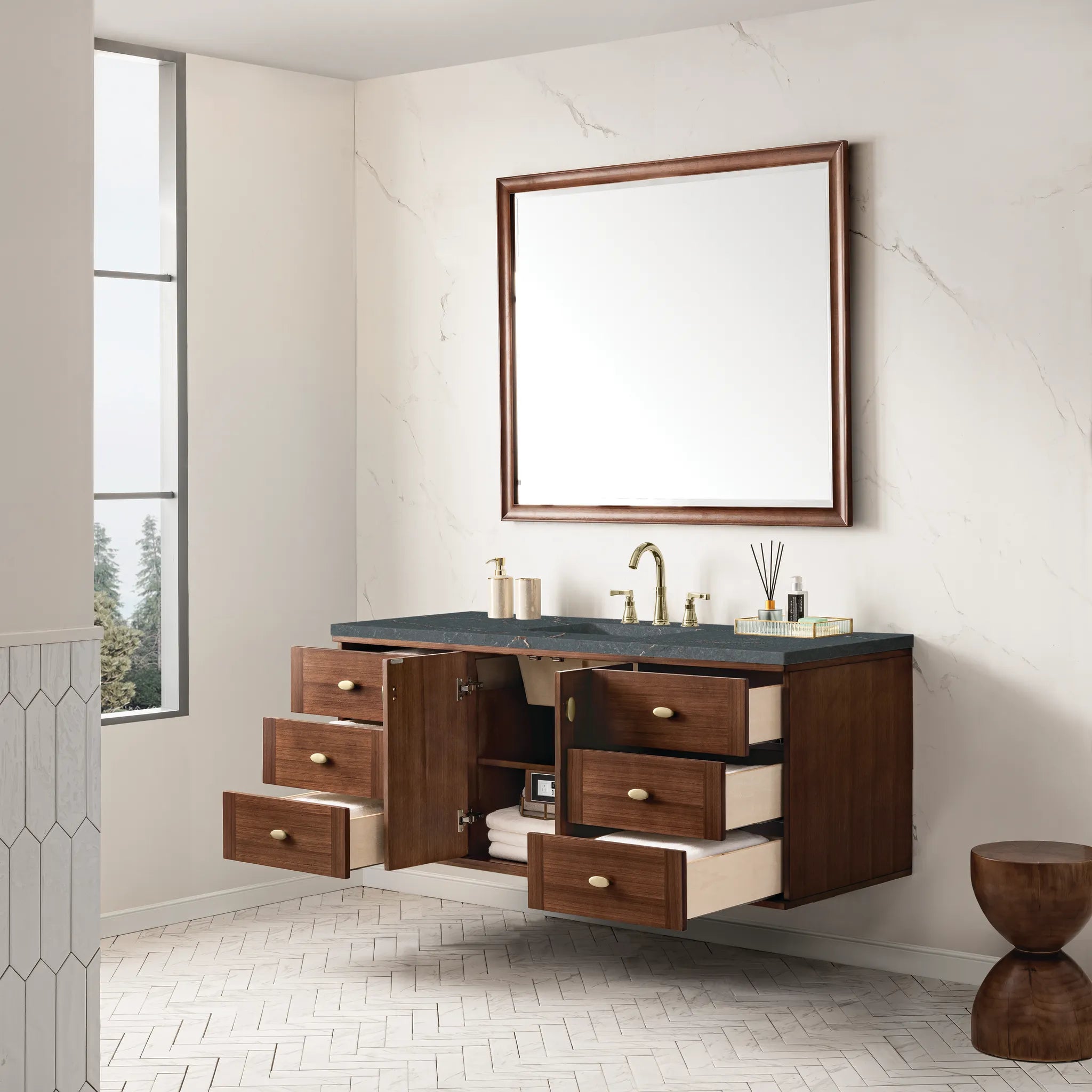 60" Amberly Single Vanity in Mid-Century Walnut-Parisien Bleu Silestone-8" Widespread image 7