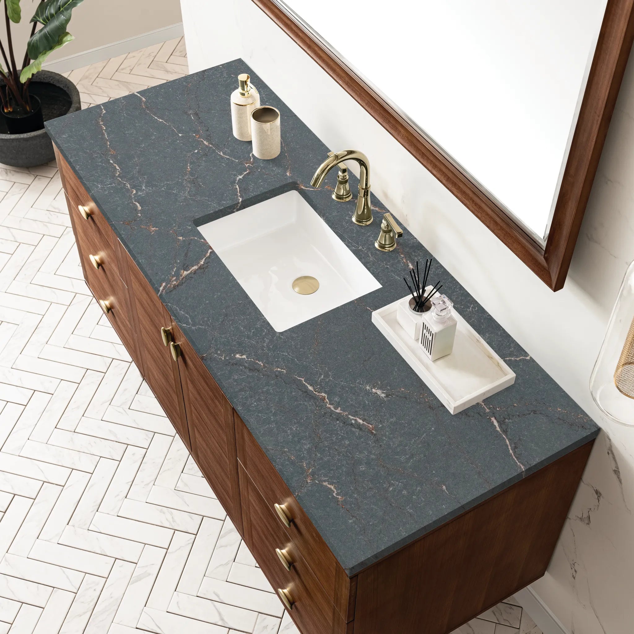 60" Amberly Single Vanity in Mid-Century Walnut-Parisien Bleu Silestone-8" Widespread image 8