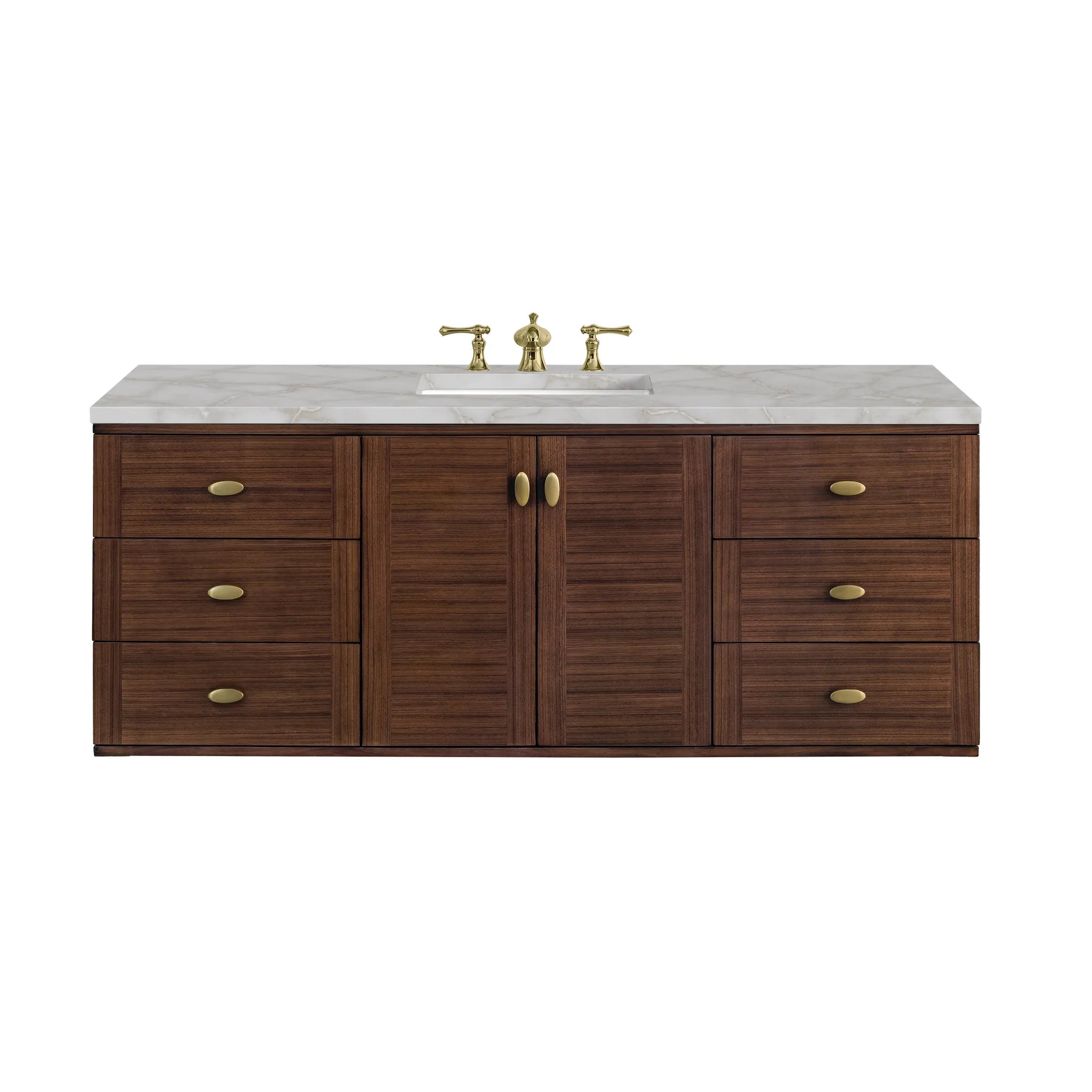 60" Amberly Single Vanity in Mid-Century Walnut-Victorian Silver Silestone-8" Widespread image 1