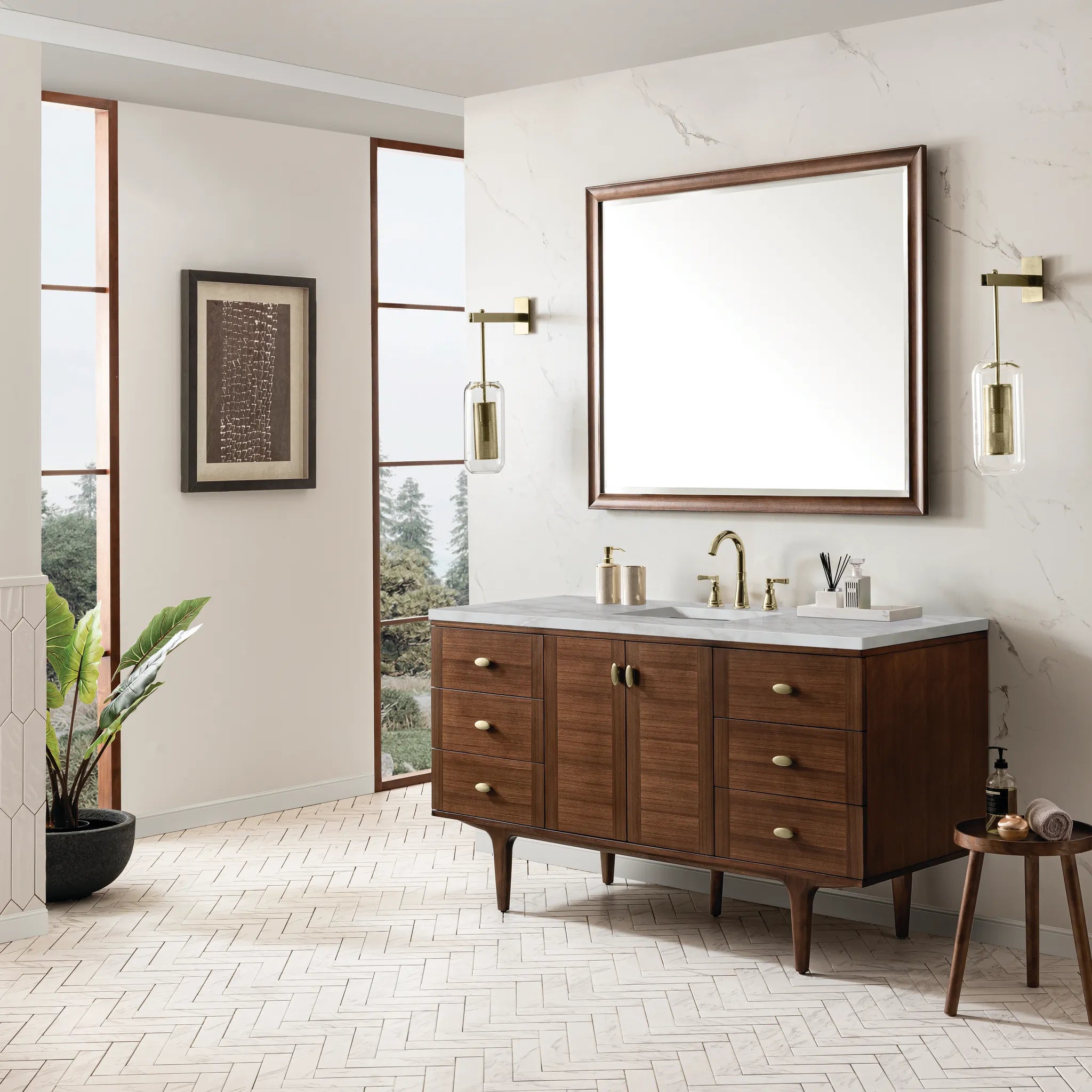 60" Amberly Single Vanity in Mid-Century Walnut-Victorian Silver Silestone-8" Widespread image 4