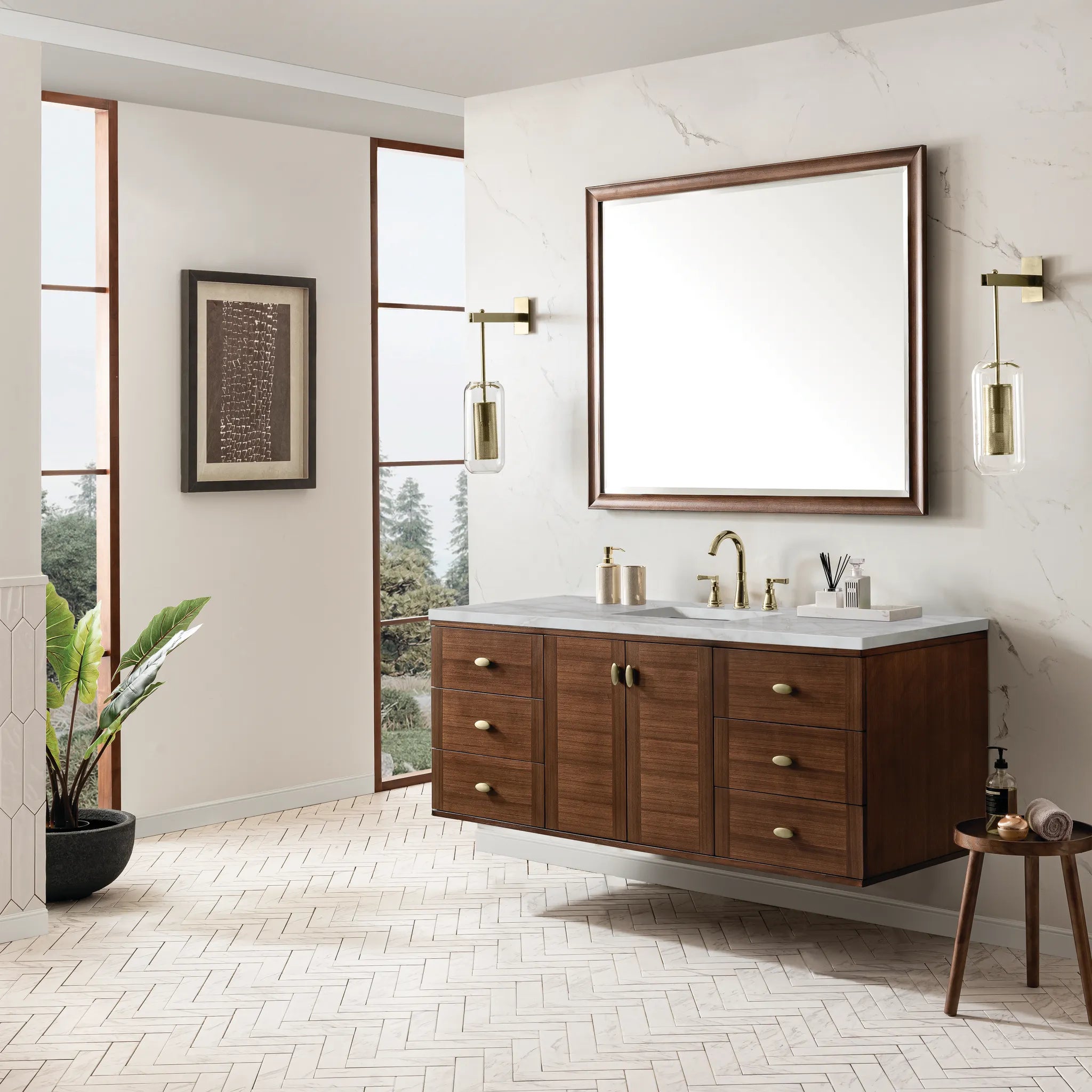 60" Amberly Single Vanity in Mid-Century Walnut-Victorian Silver Silestone-8" Widespread image 5