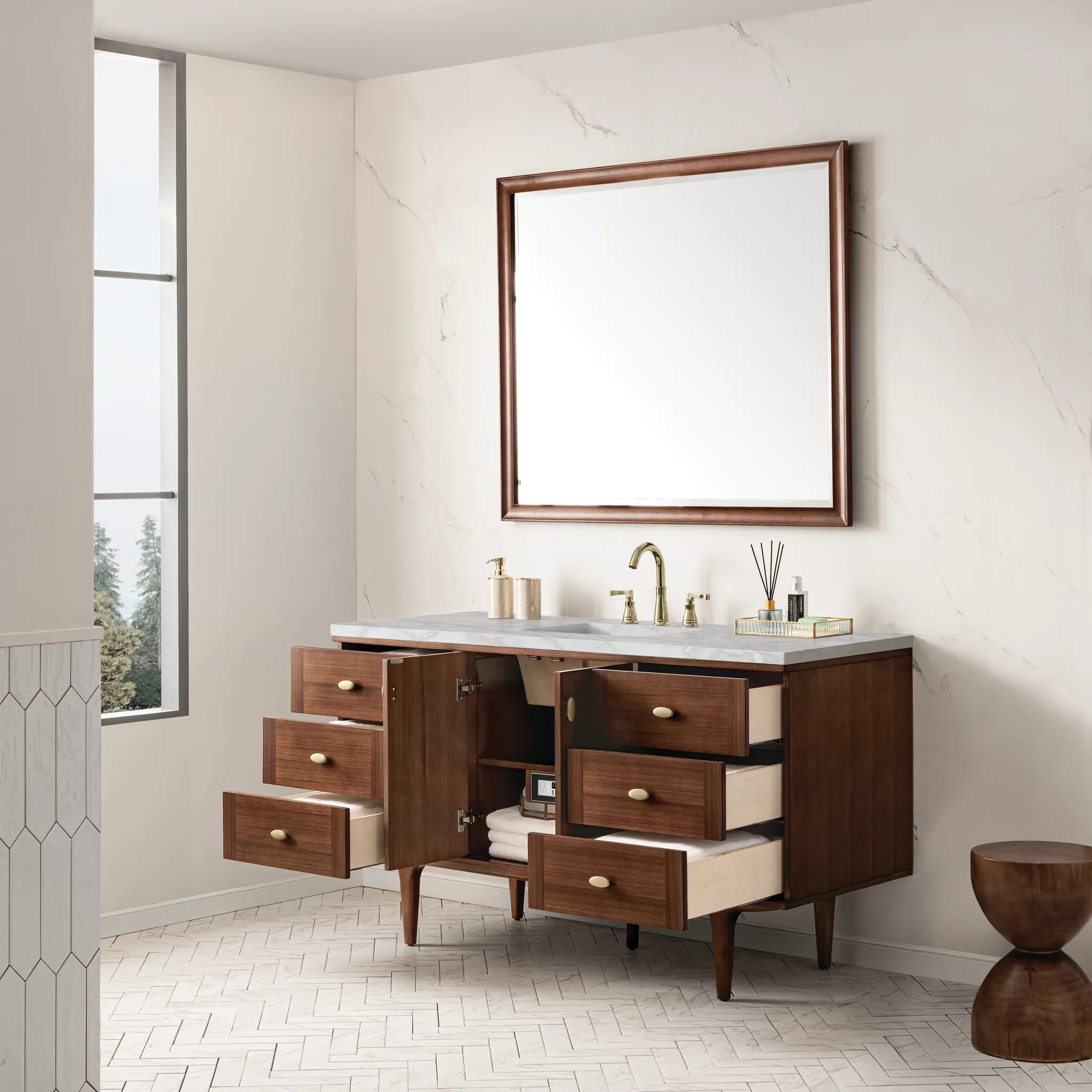 60" Amberly Single Vanity in Mid-Century Walnut-Victorian Silver Silestone-8" Widespread image 6
