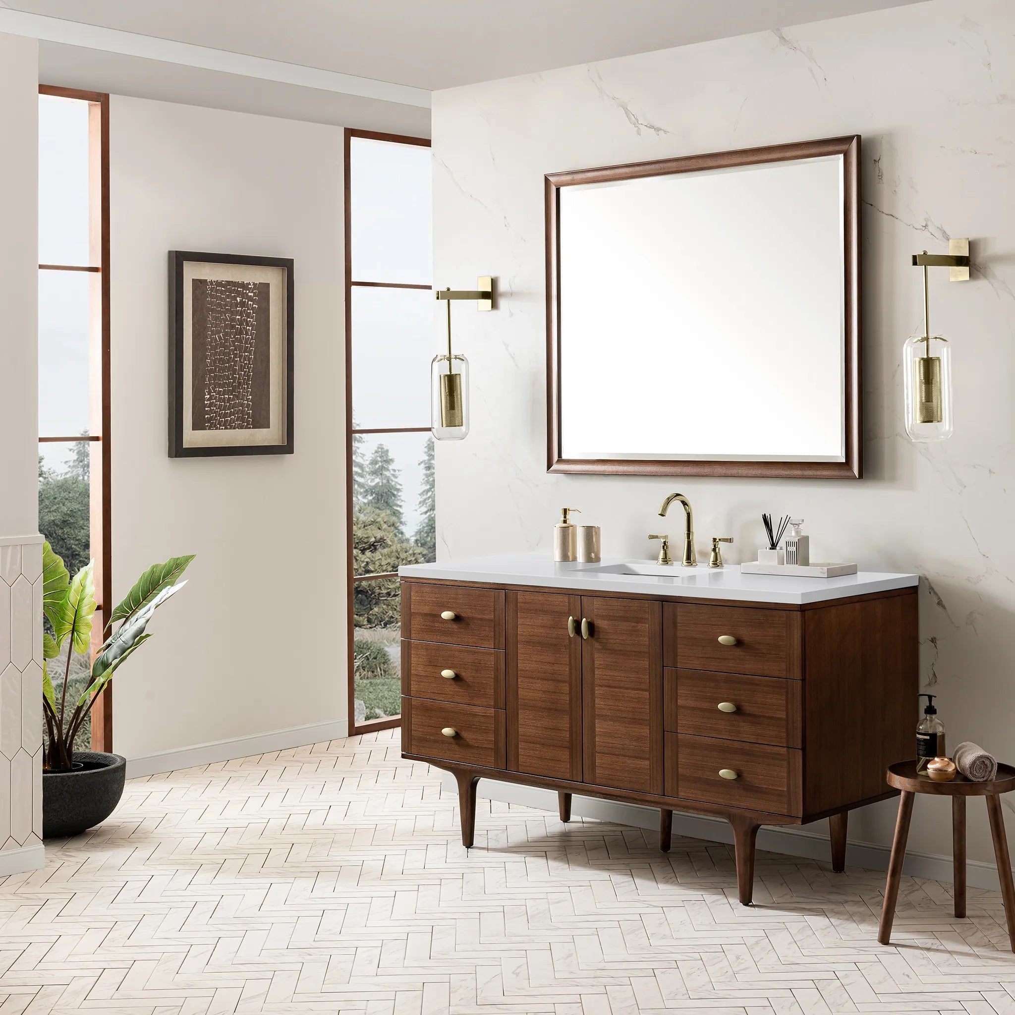 60" Amberly Single Vanity in Mid-Century Walnut-White Zeus Silestone-8" Widespread image 6