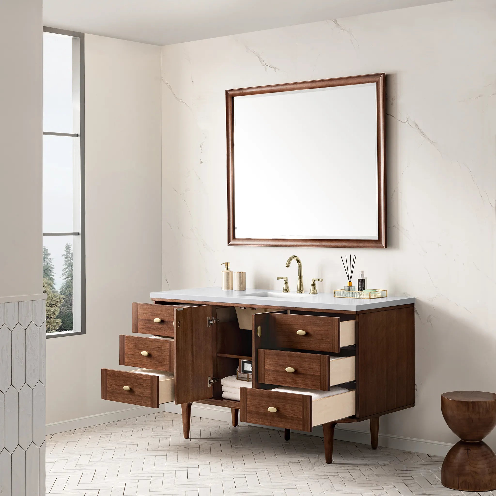 60" Amberly Single Vanity in Mid-Century Walnut-White Zeus Silestone-8" Widespread image 8