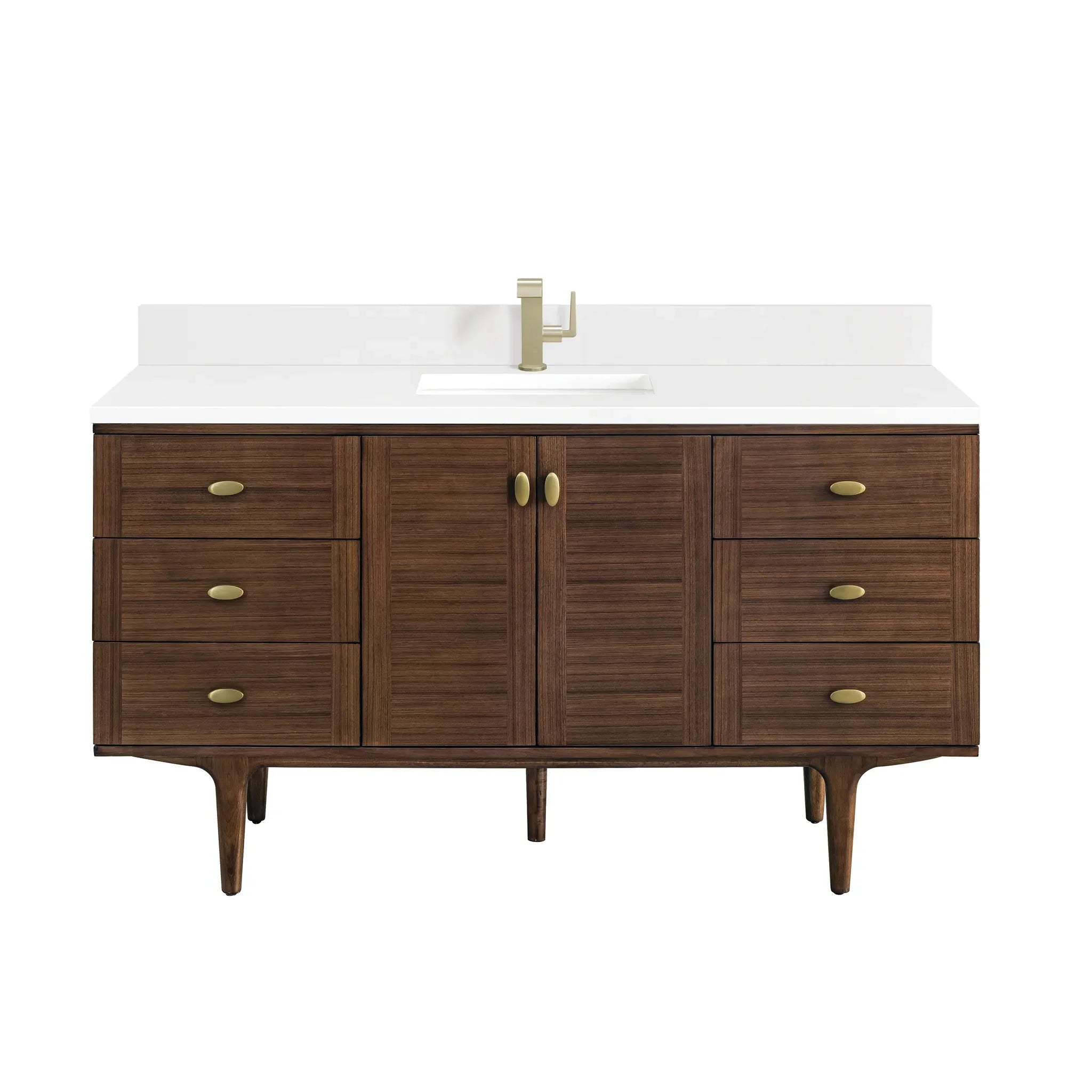 60" Amberly Single Vanity in Mid-Century Walnut-White Zeus Silestone & Backsplash-Single Hole image 1
