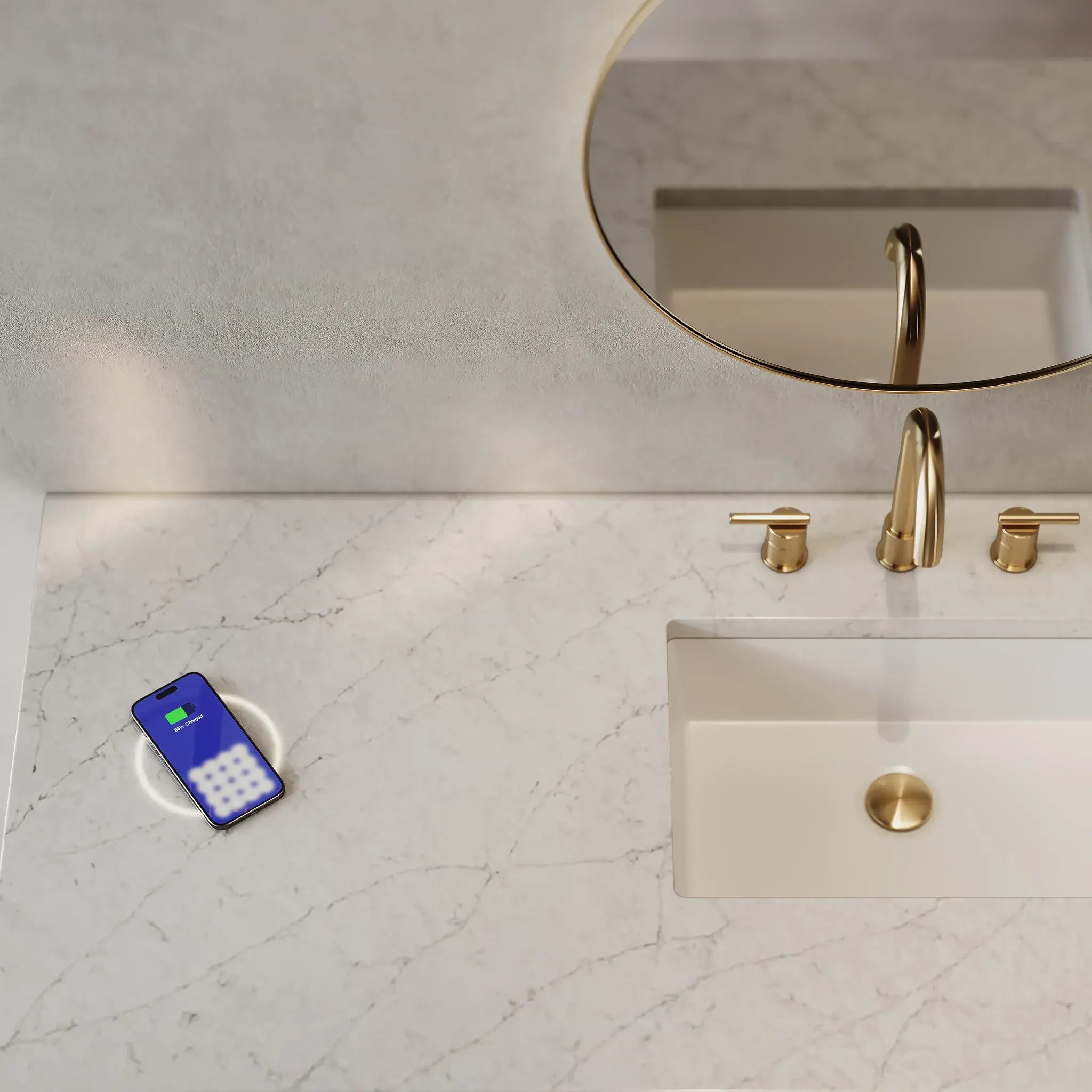 60" Amberly Single Vanity in Mid-Century Walnut Wireless Charger-Eternal Jasmine Pearl Silestone-8" Widespread image 2