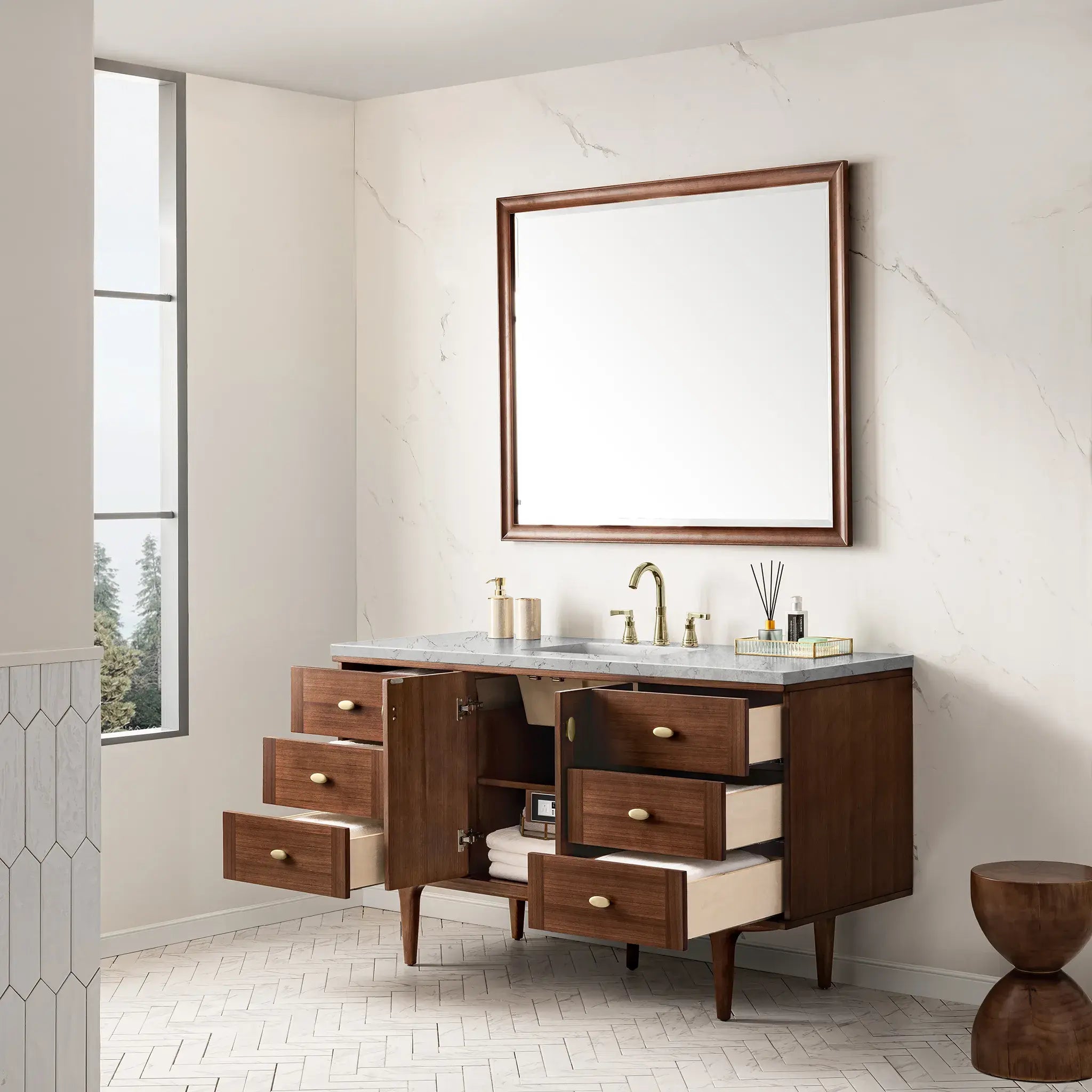 60" Amberly Single Vanity in Mid-Century Walnut Wireless Charger-Eternal Jasmine Pearl Silestone-8" Widespread image 9