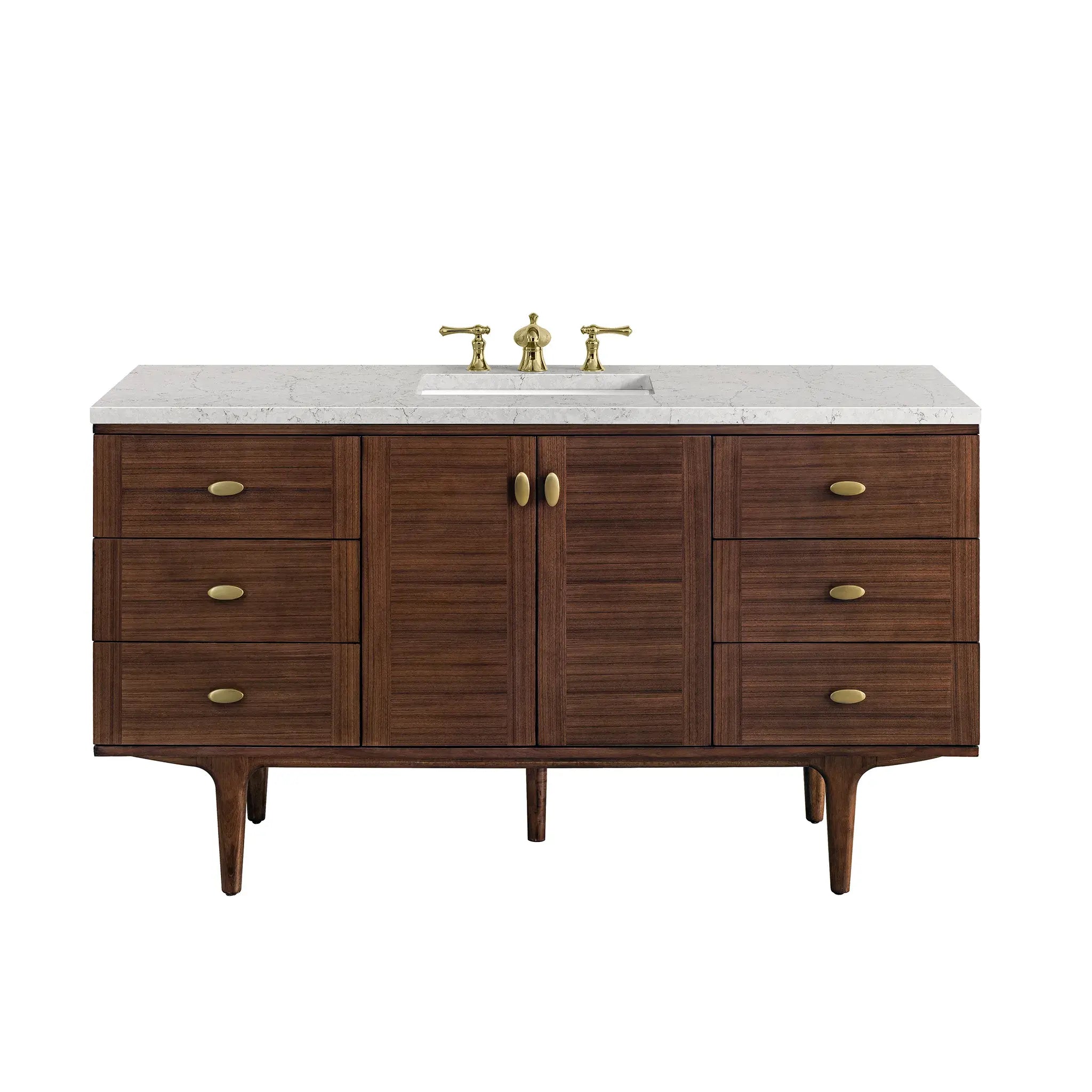 60" Amberly Single Vanity in Mid-Century Walnut Wireless Charger-Eternal Jasmine Pearl Silestone-8" Widespread image