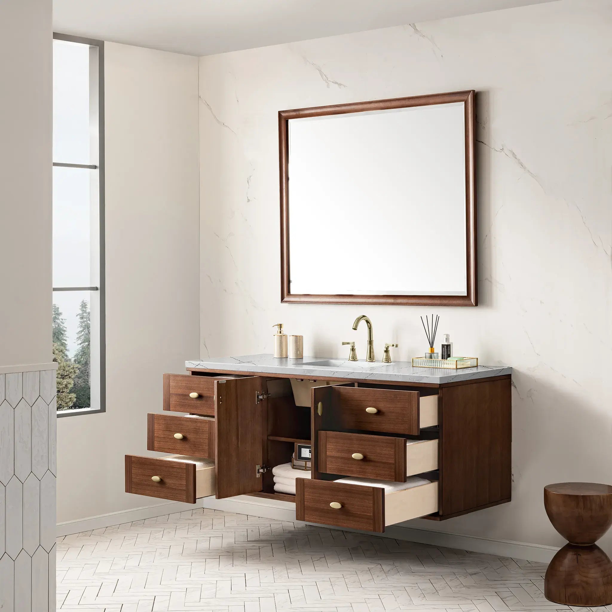 60" Amberly Single Vanity in Mid-Century Walnut Wireless Charger-Ethereal Noctis Silestone-8" Widespread image 10