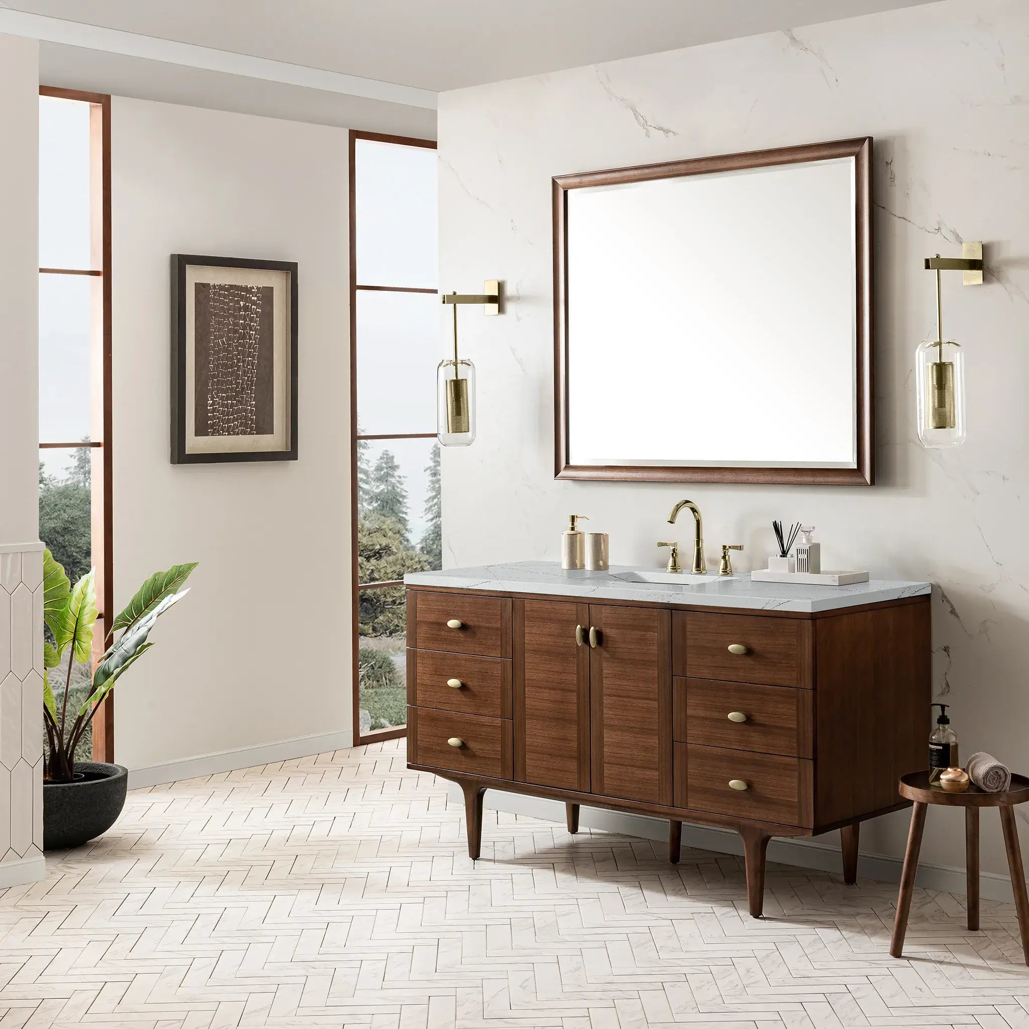60" Amberly Single Vanity in Mid-Century Walnut Wireless Charger-Ethereal Noctis Silestone-8" Widespread image 7