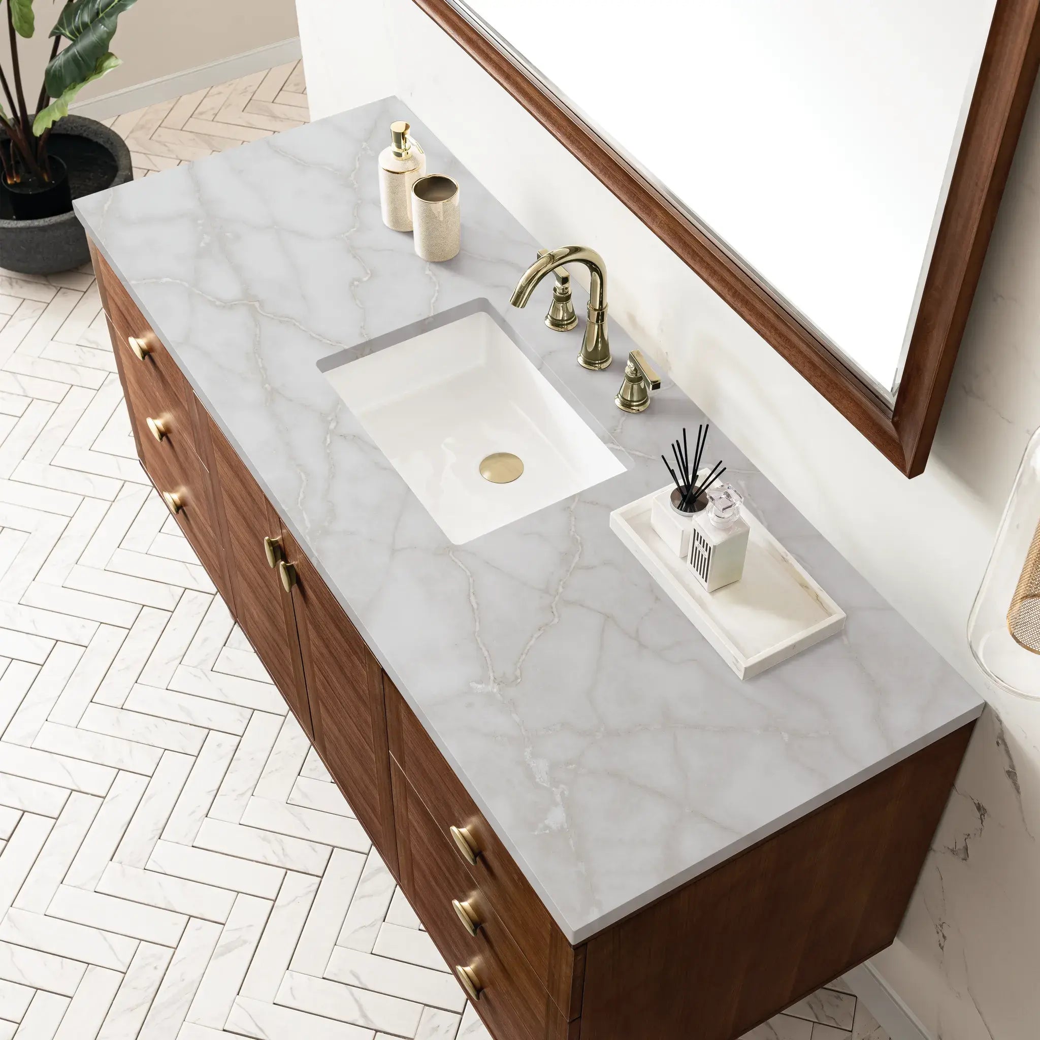 60" Amberly Single Vanity in Mid-Century Walnut Wireless Charger-Victorian Silver Silestone-8" Widespread image 11