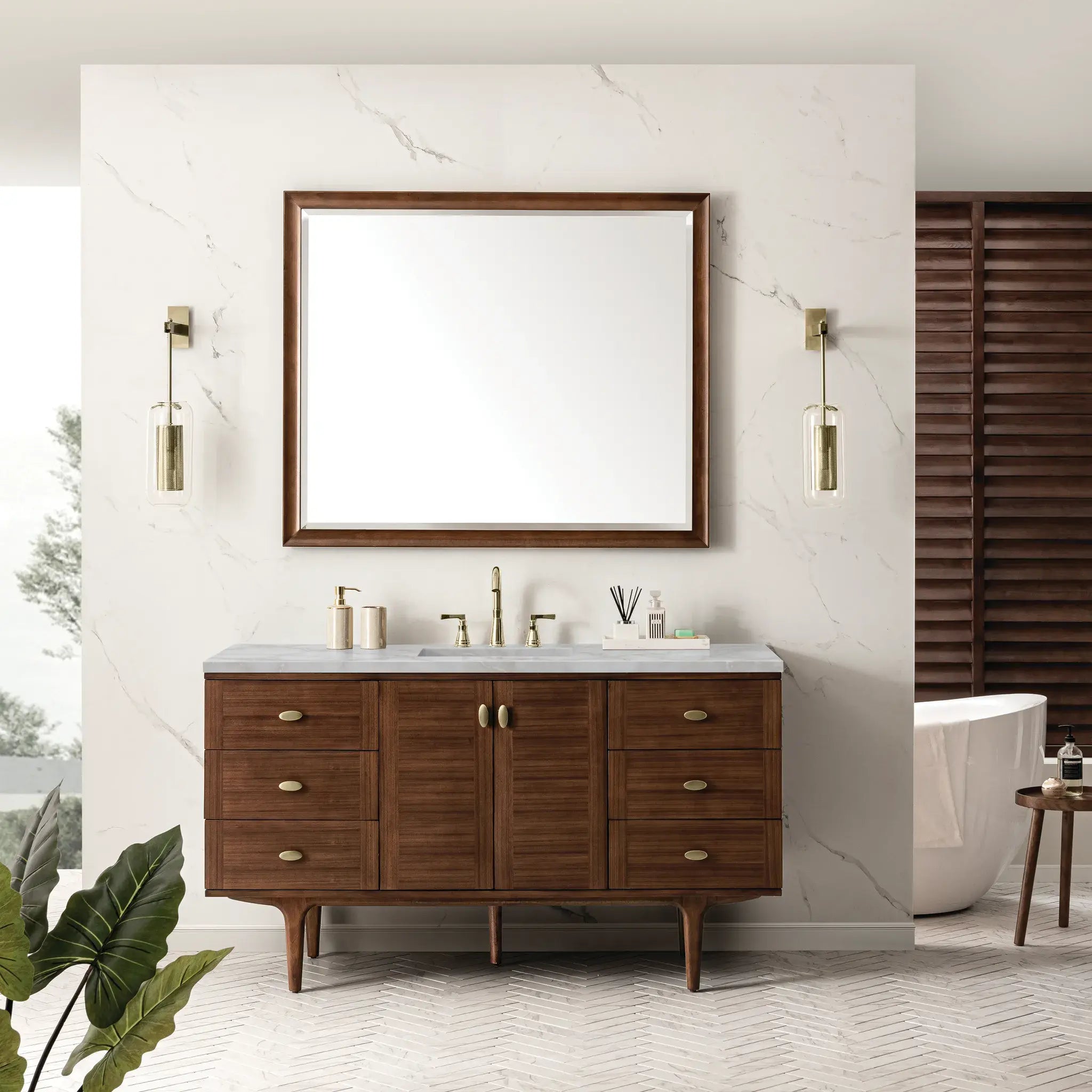 60" Amberly Single Vanity in Mid-Century Walnut Wireless Charger-Victorian Silver Silestone-8" Widespread image 5