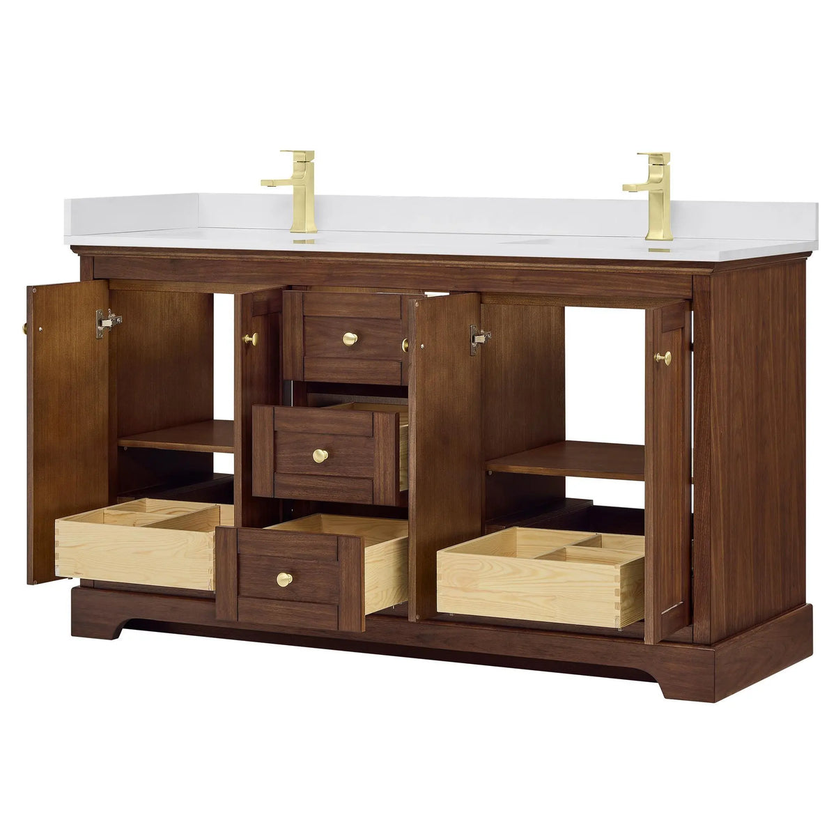 60" Avery Double Bathroom Vanity Dark Walnut Brushed Gold Trim by wyndham View 8