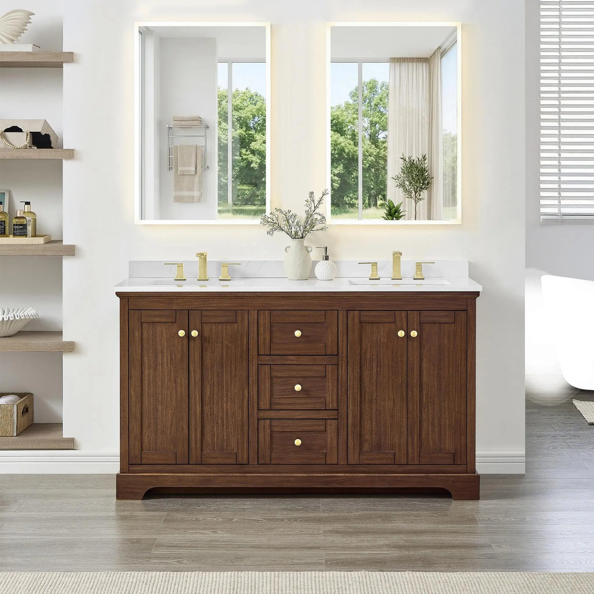 60" Avery Double Bathroom Vanity Dark Walnut Brushed Gold Trim by wyndham View 39
