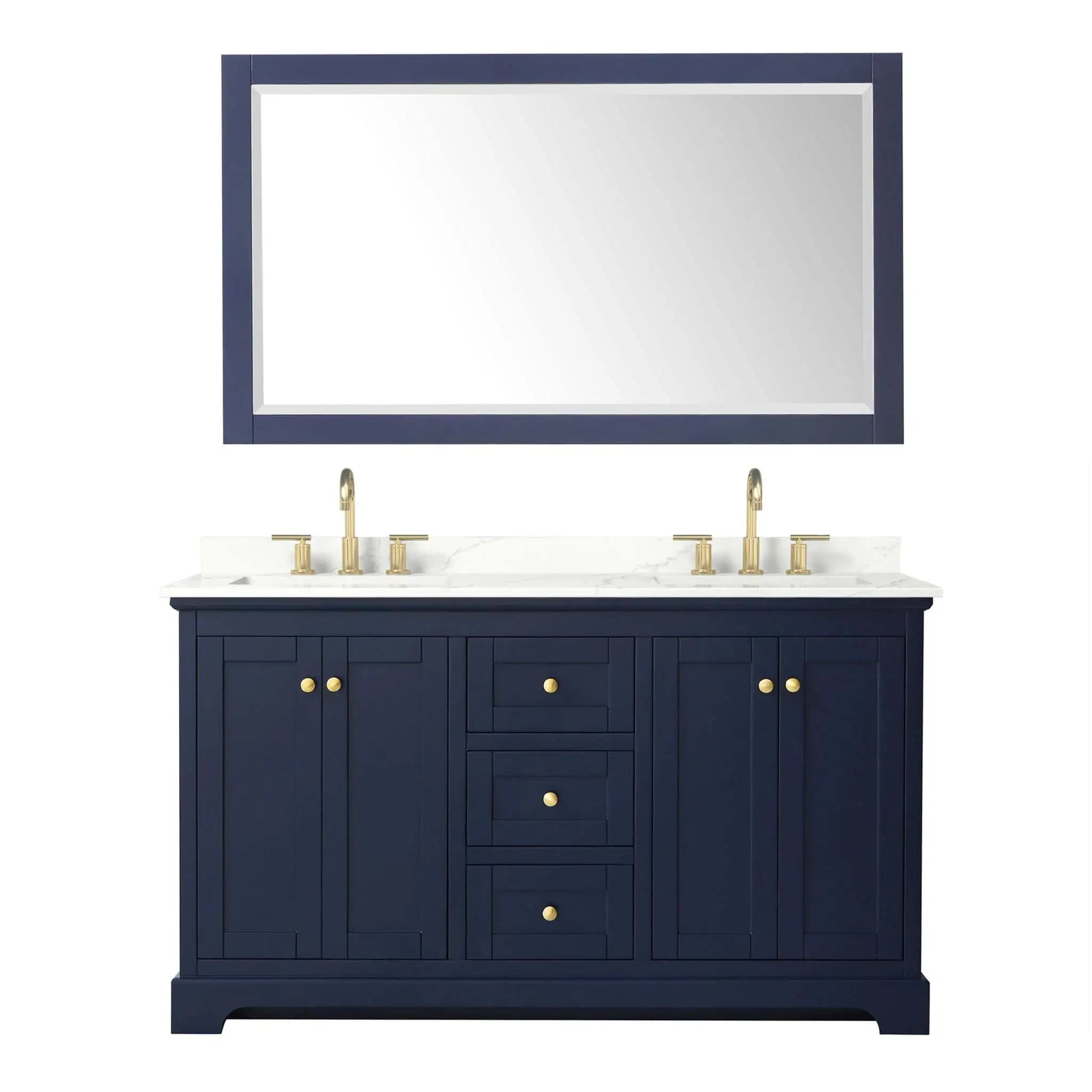 60" Avery Double Bathroom Vanity in Dark Blue with Brushed Gold Trim & 58" Mirror by Wyndham