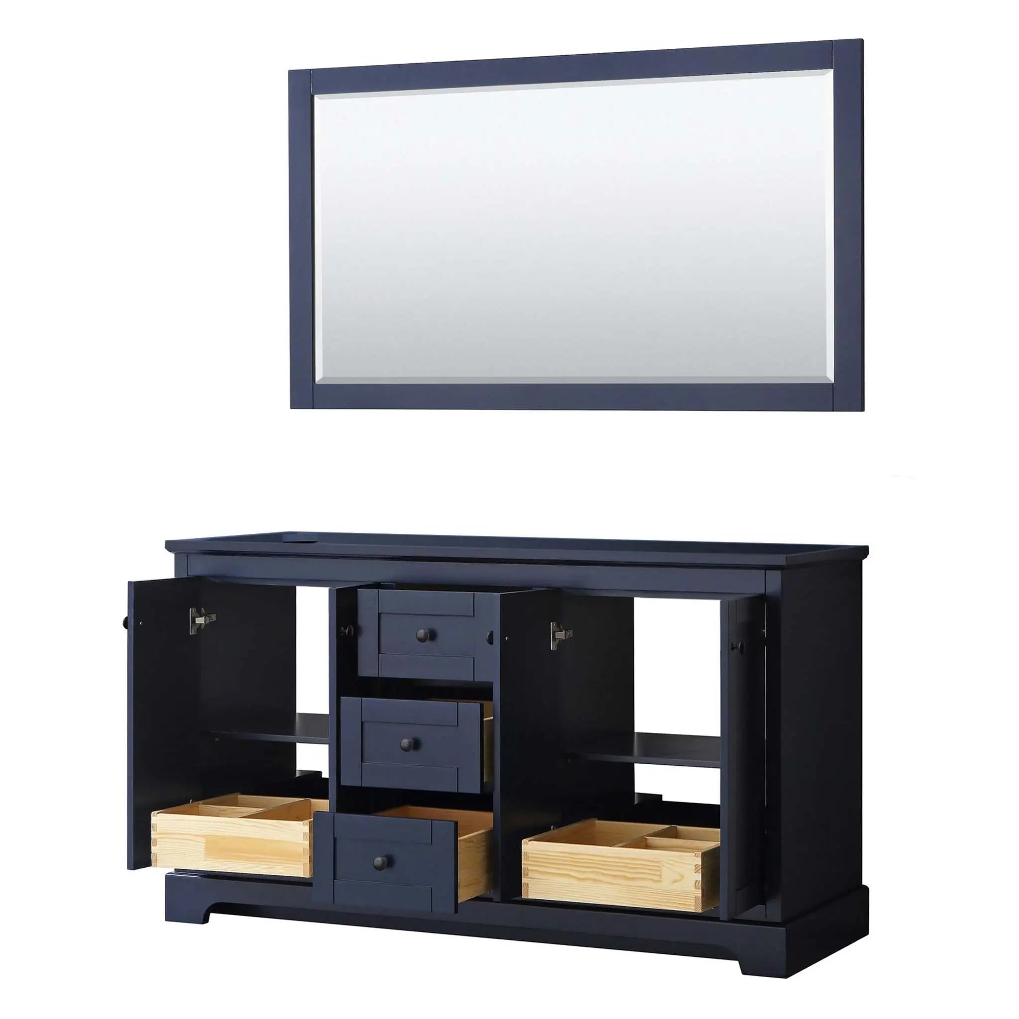 60" Avery Double Bathroom Vanity in Dark Blue with Matte Black Trim & 58" Mirror by Wyndham