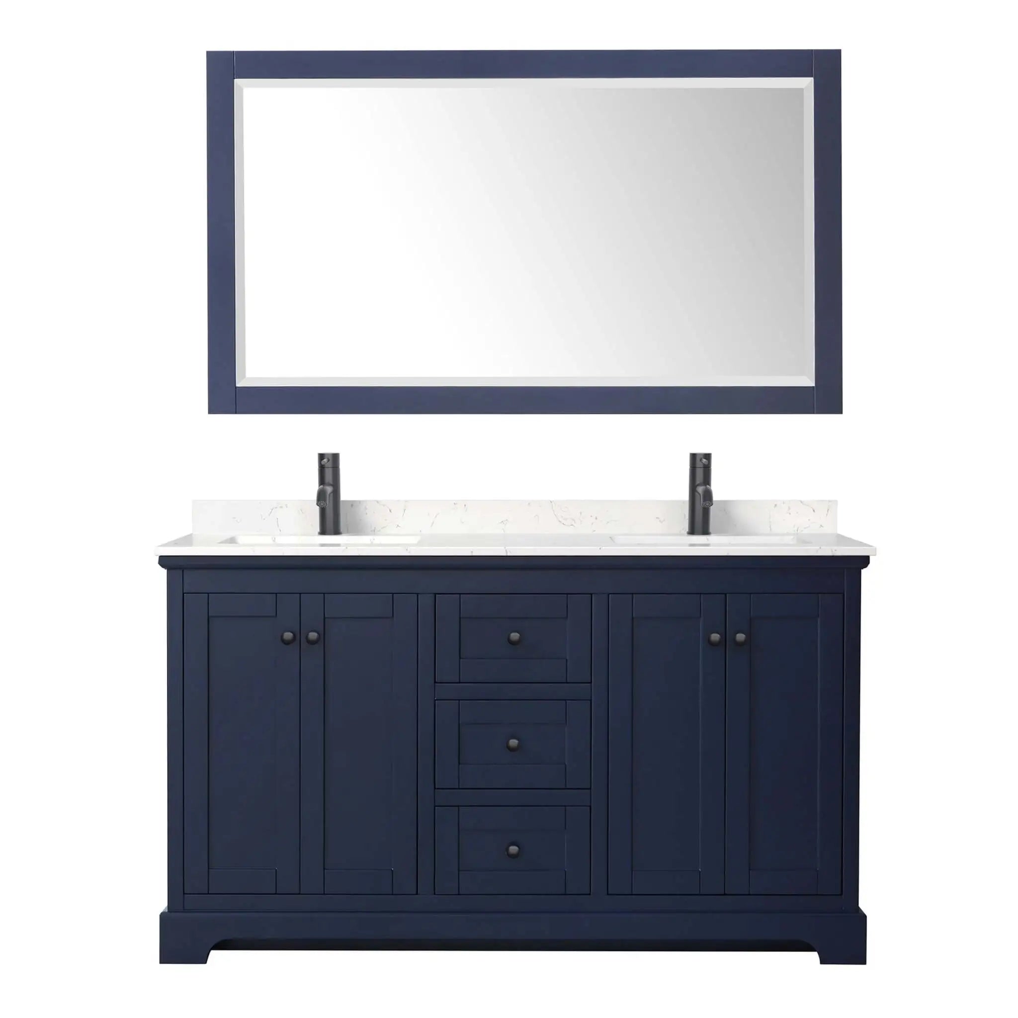 60" Avery Double Bathroom Vanity in Dark Blue with Matte Black Trim & 58" Mirror by Wyndham