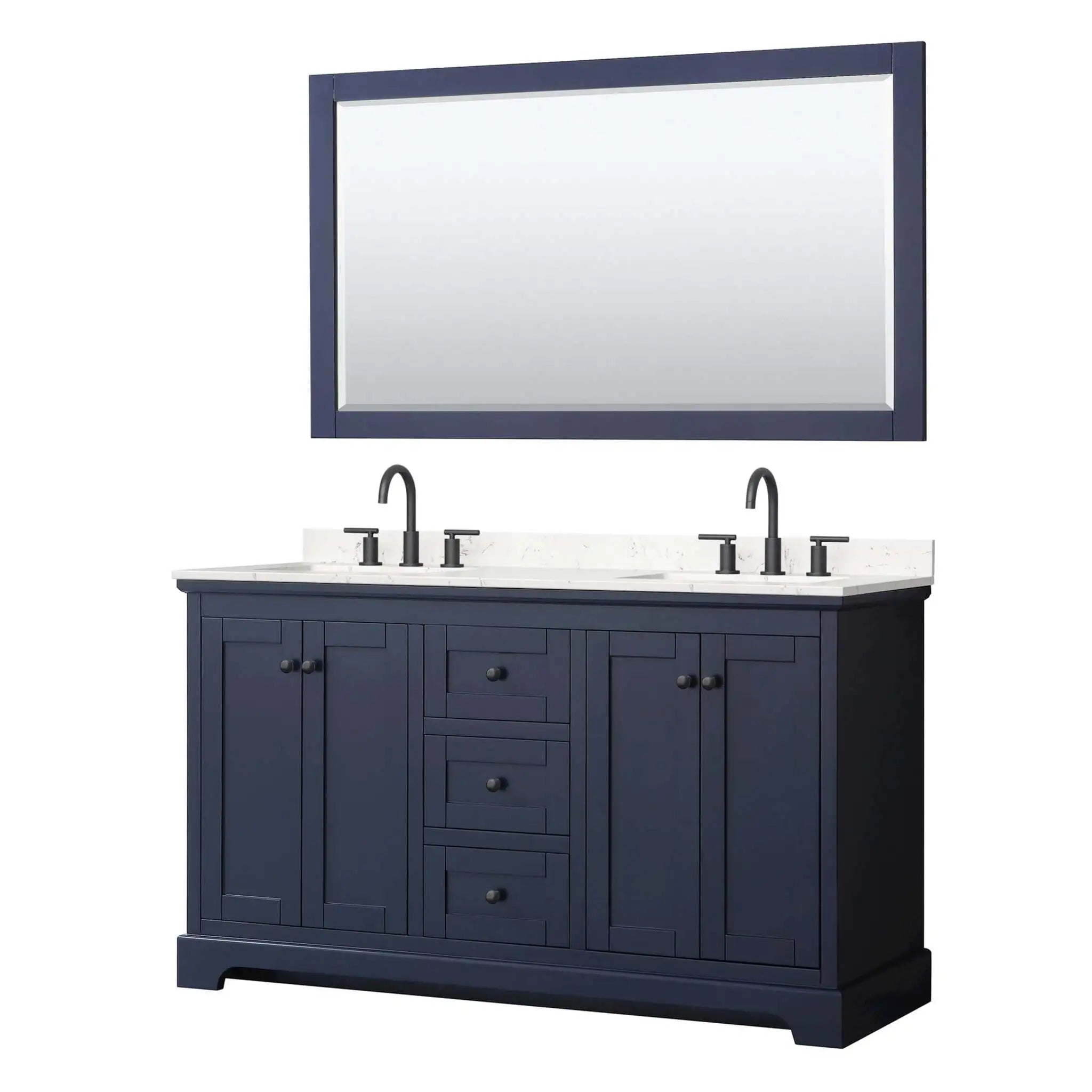 60" Avery Double Bathroom Vanity in Dark Blue with Matte Black Trim & 58" Mirror by Wyndham