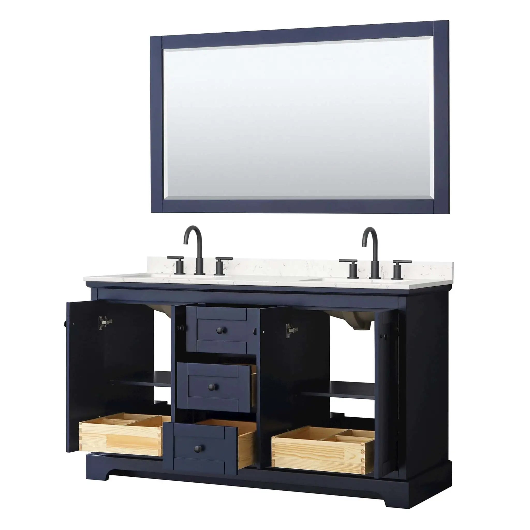 60" Avery Double Bathroom Vanity in Dark Blue with Matte Black Trim & 58" Mirror by Wyndham