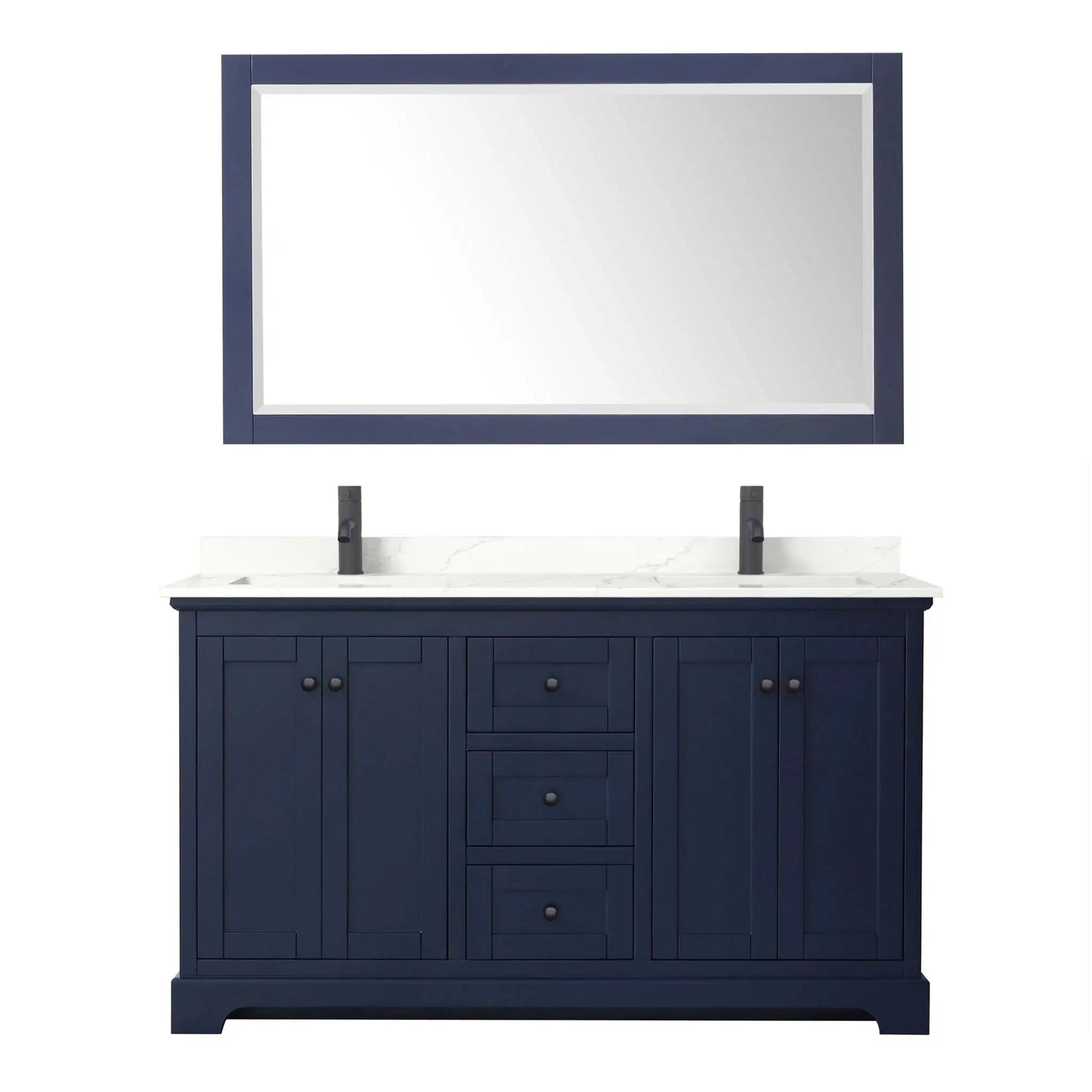 60" Avery Double Bathroom Vanity in Dark Blue with Matte Black Trim & 58" Mirror by Wyndham