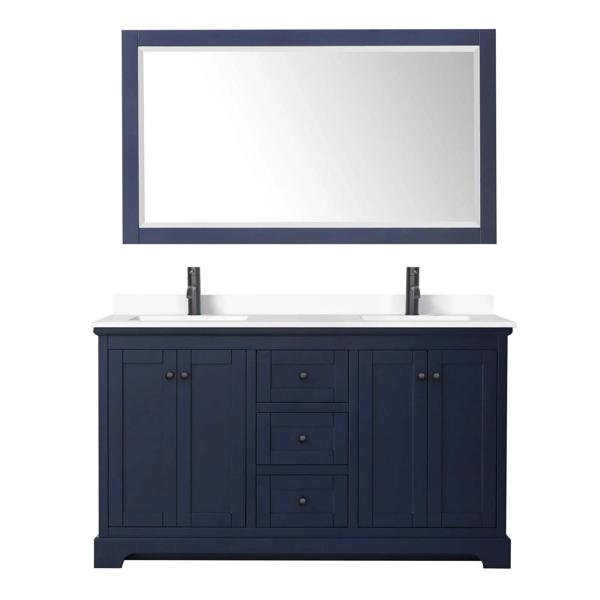 60" Avery Double Bathroom Vanity in Dark Blue with Matte Black Trim & 58" Mirror by Wyndham