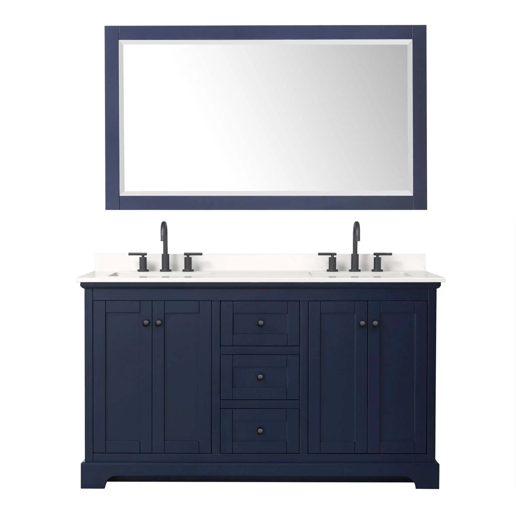60" Avery Double Bathroom Vanity in Dark Blue with Matte Black Trim & 58" Mirror by Wyndham