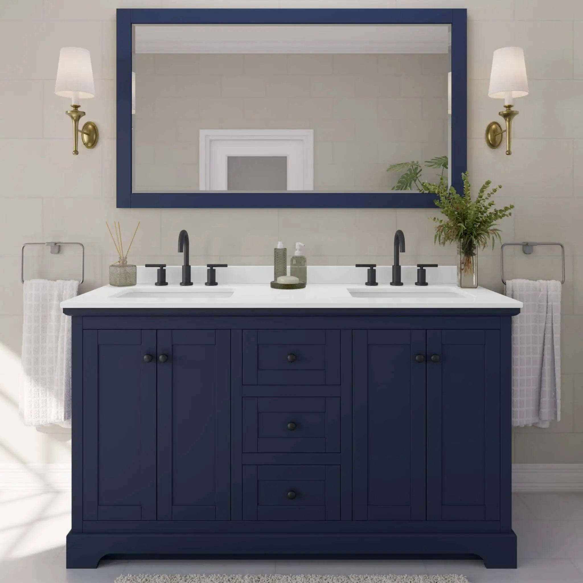60" Avery Double Bathroom Vanity in Dark Blue with Matte Black Trim by Wyndham