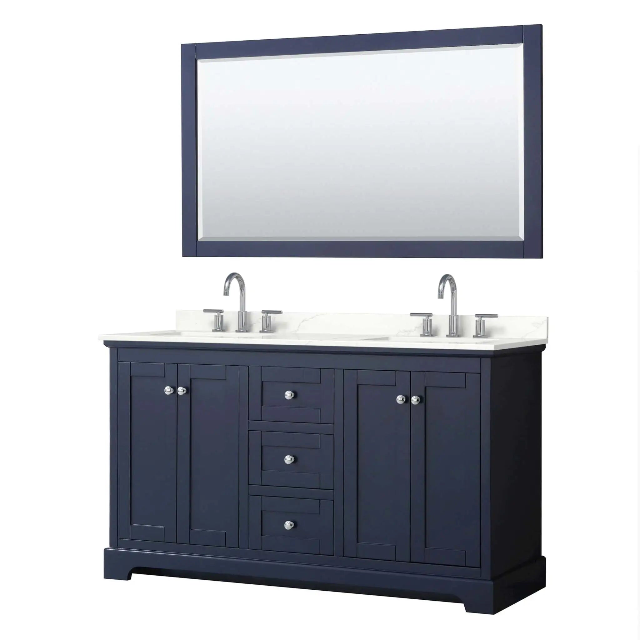 60" Avery Double Bathroom Vanity in Dark Blue with Polished Chrome Trim & 58" Mirror by Wyndham