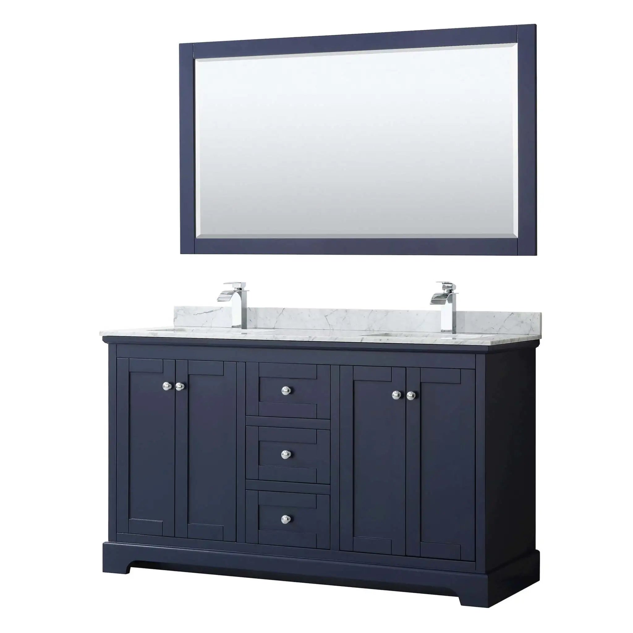 60" Avery Double Bathroom Vanity in Dark Blue with Polished Chrome Trim & 58" Mirror by Wyndham