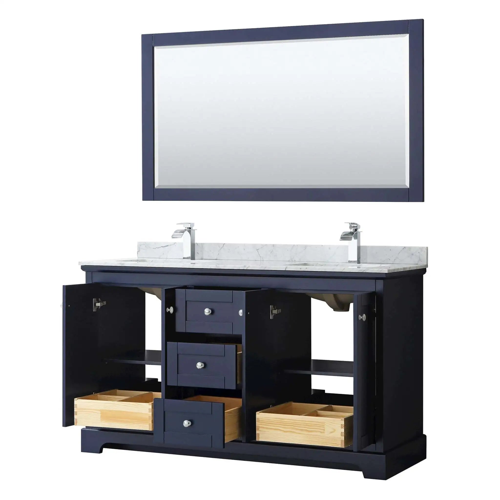 60" Avery Double Bathroom Vanity in Dark Blue with Polished Chrome Trim & 58" Mirror by Wyndham