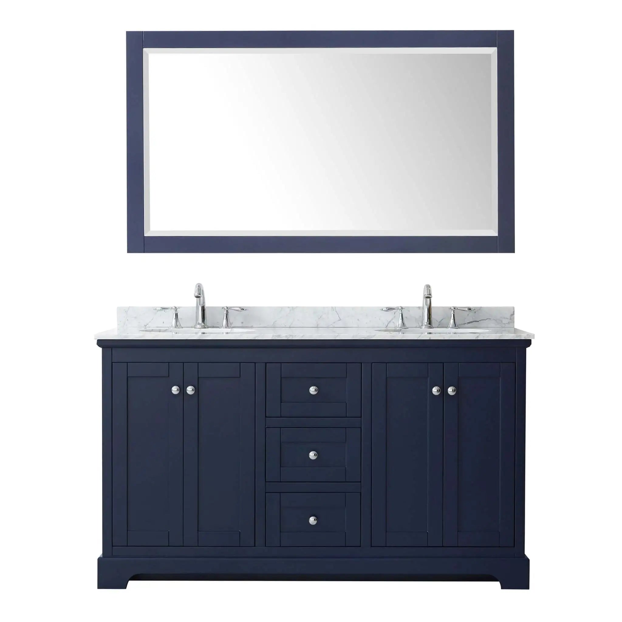 60" Avery Double Bathroom Vanity in Dark Blue with Polished Chrome Trim & 58" Mirror by Wyndham
