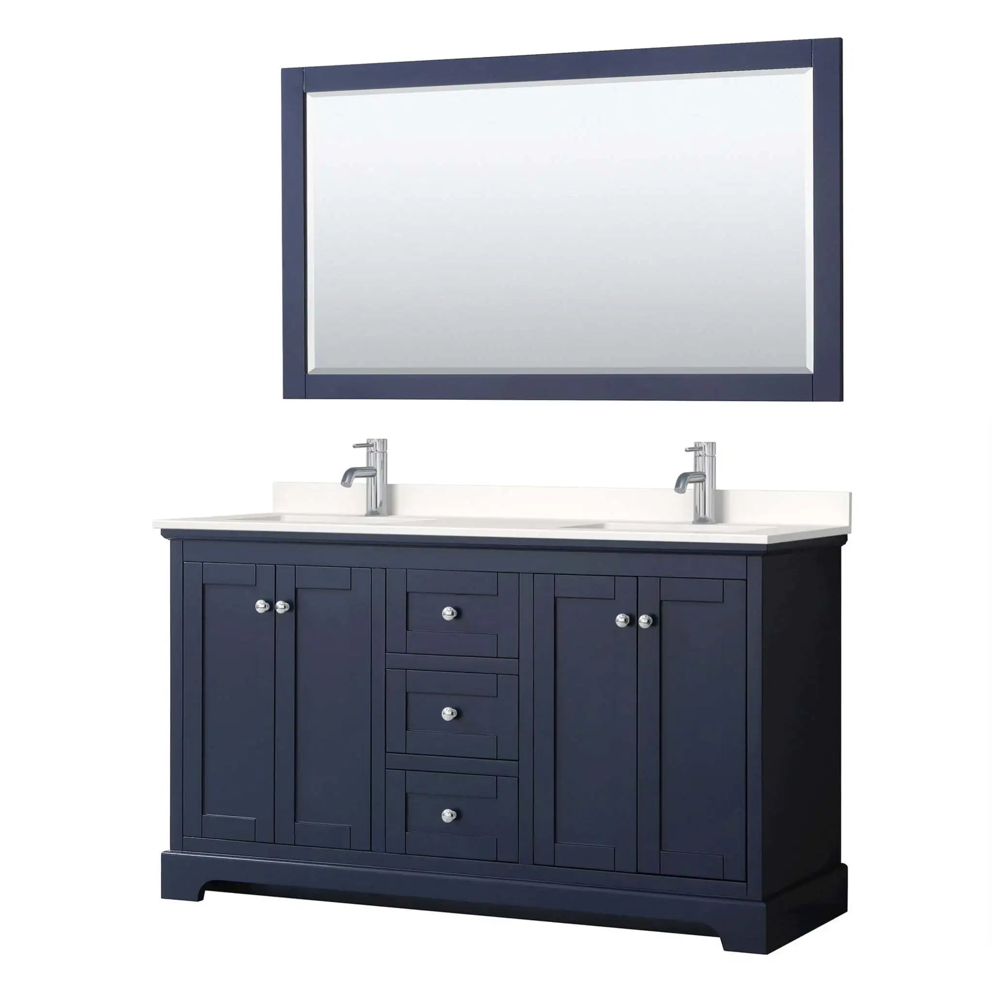 60" Avery Double Bathroom Vanity in Dark Blue with Polished Chrome Trim & 58" Mirror by Wyndham