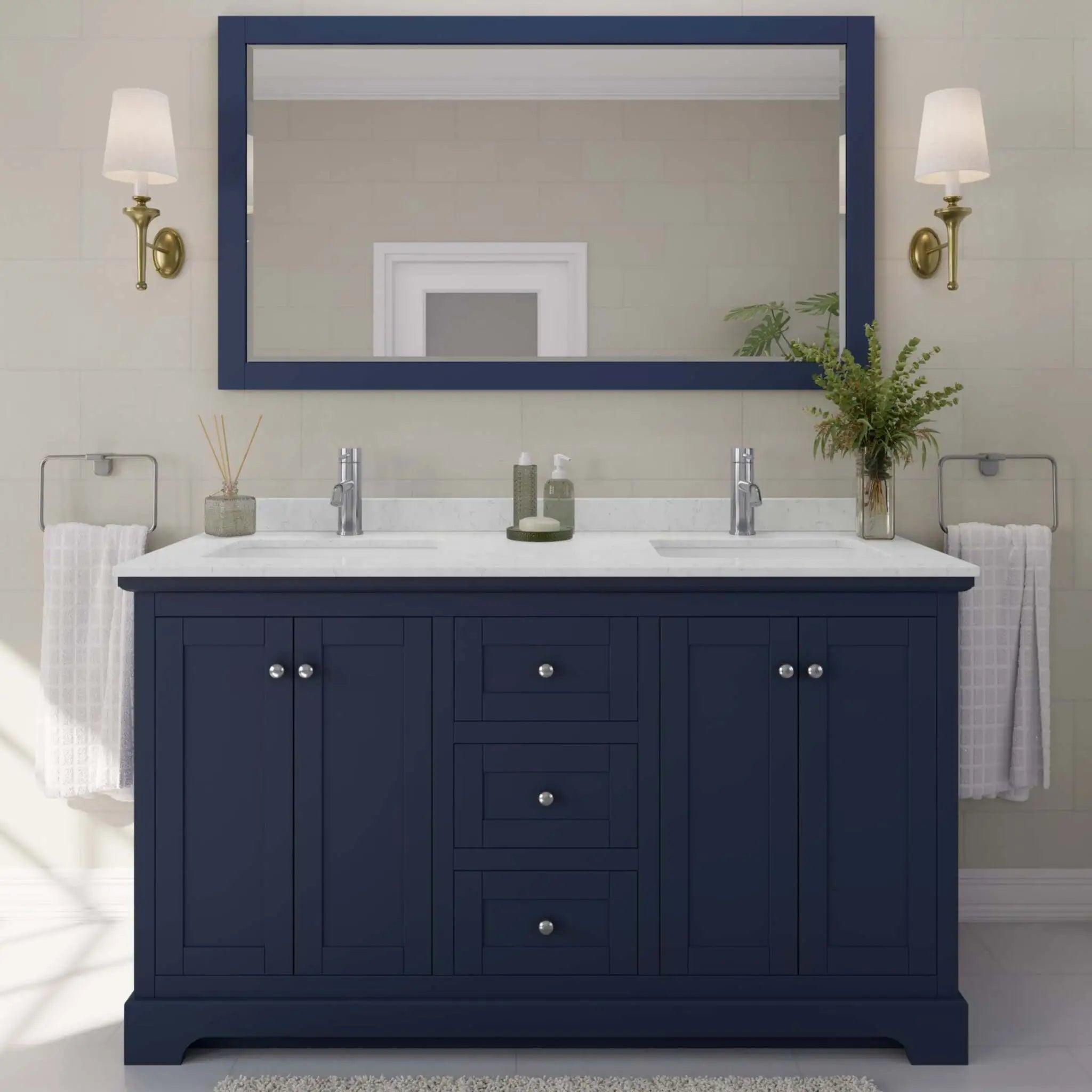60" Avery Double Bathroom Vanity in Dark Blue with Polished Chrome Trim by Wyndham