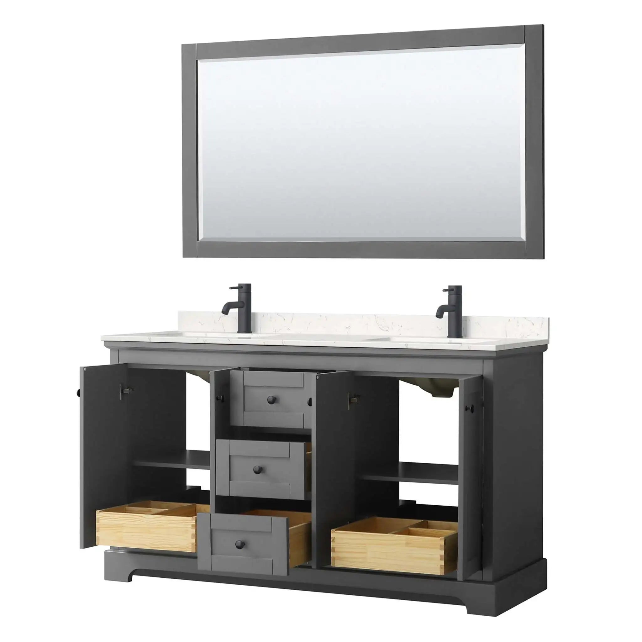 60" Avery Double Bathroom Vanity in Dark Gray with Matte Black Trim & 58" Mirror by Wyndham