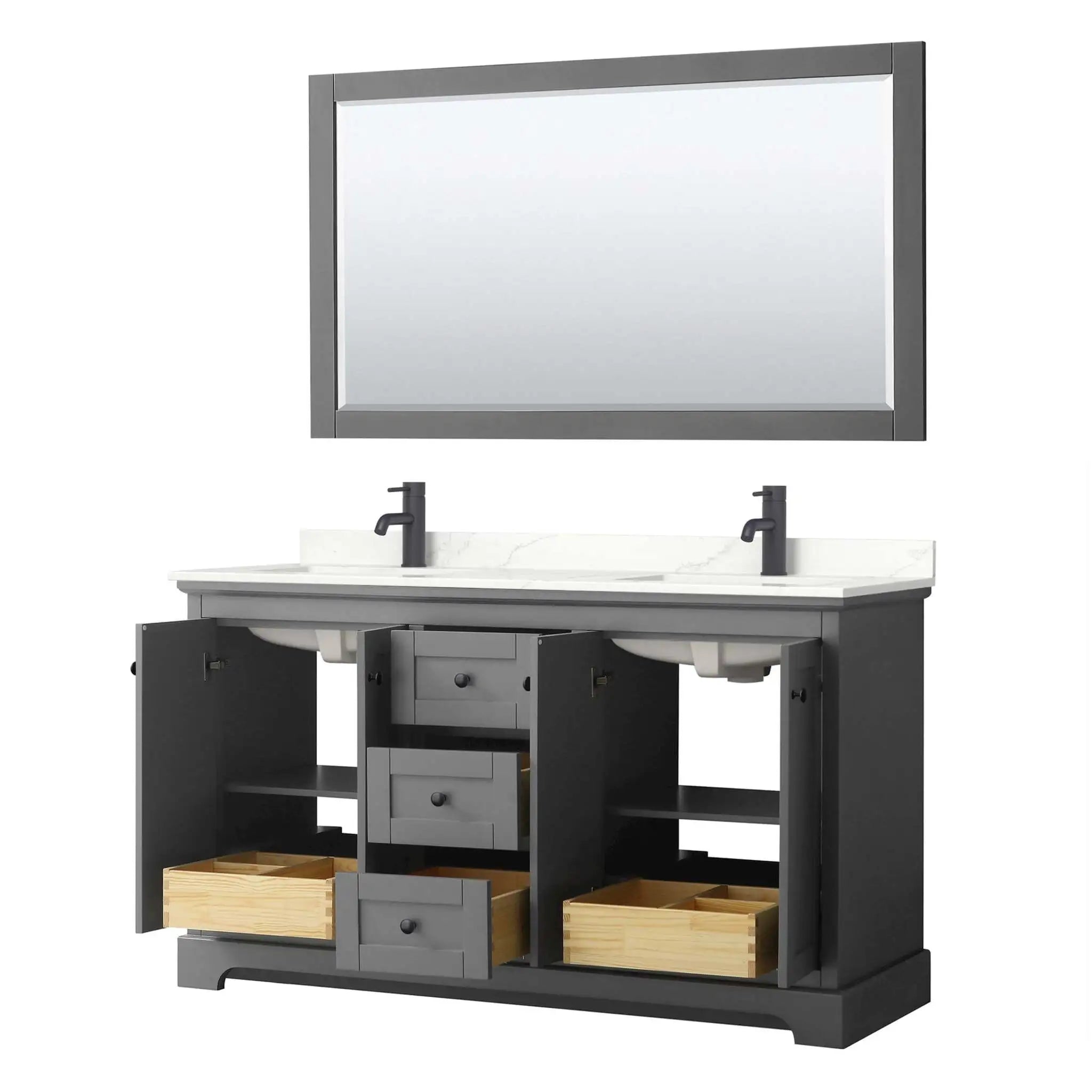 60" Avery Double Bathroom Vanity in Dark Gray with Matte Black Trim & 58" Mirror by Wyndham