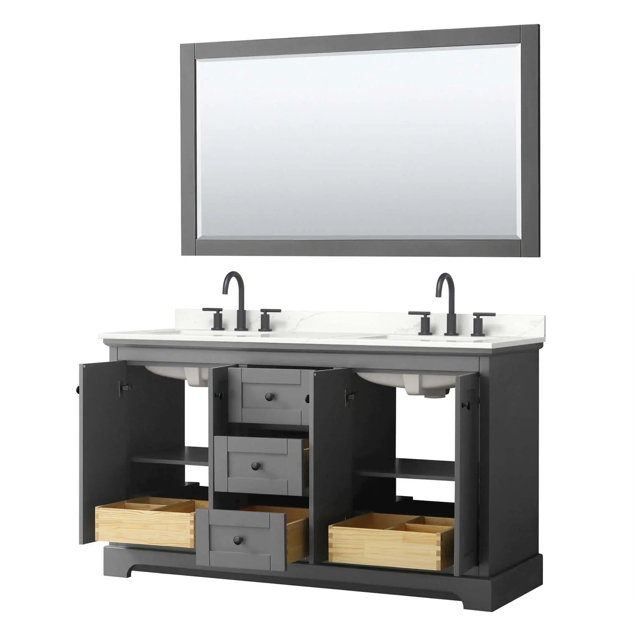 60" Avery Double Bathroom Vanity in Dark Gray with Matte Black Trim & 58" Mirror by Wyndham
